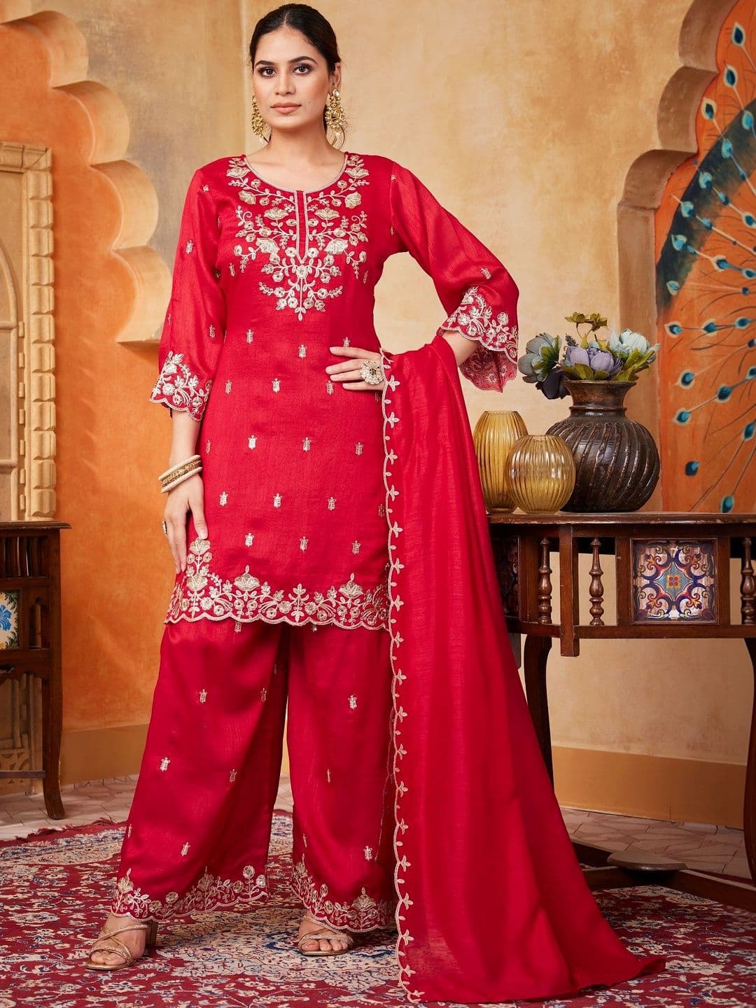 Sangria Embroidered Round-Neck Kurta Trousers & Dupatta - view 1