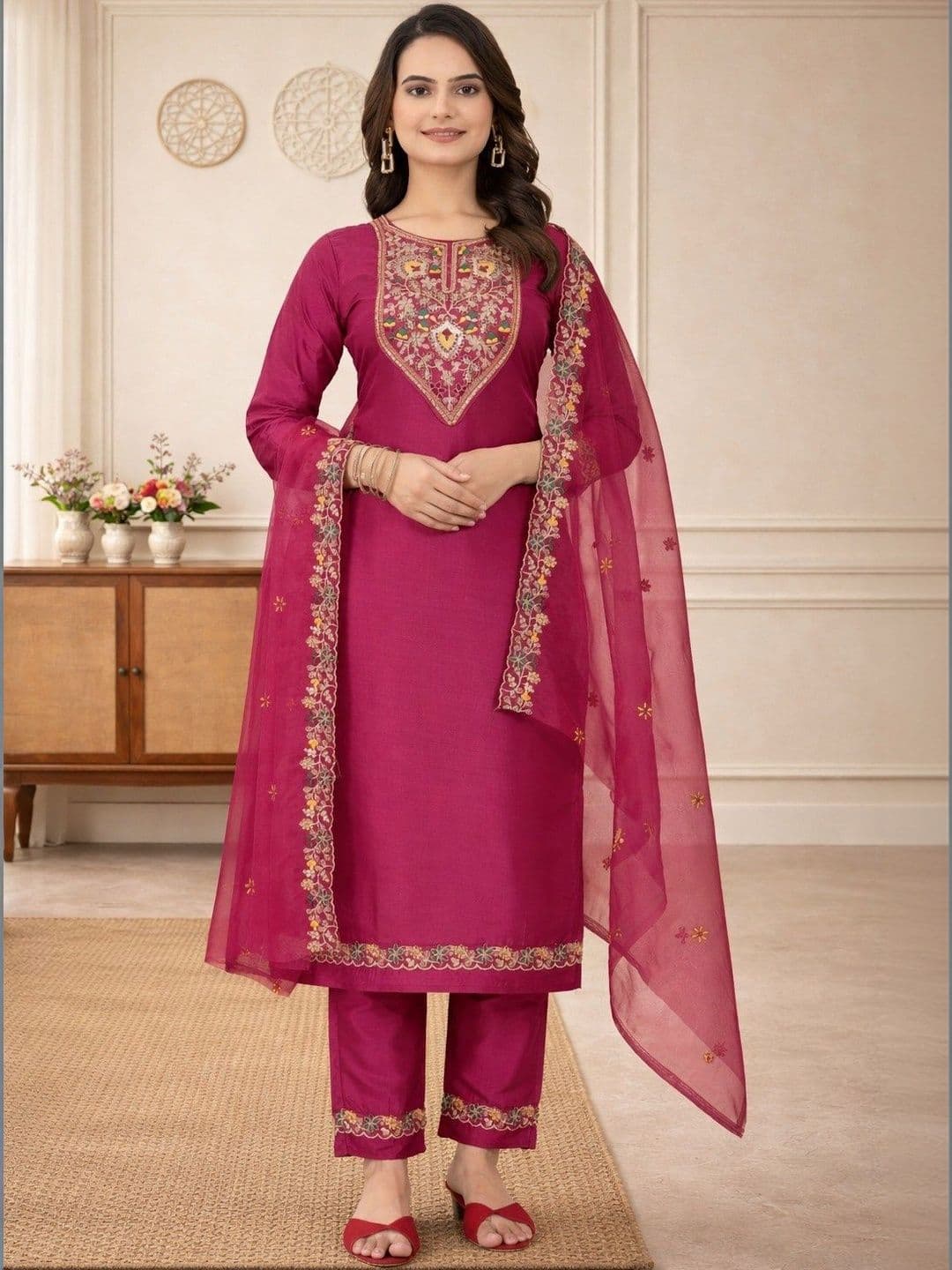 Klotden Women Ethnic Motifs Embroidered Regular Thread Work Kurta with Trousers & With Dupatta - view 1