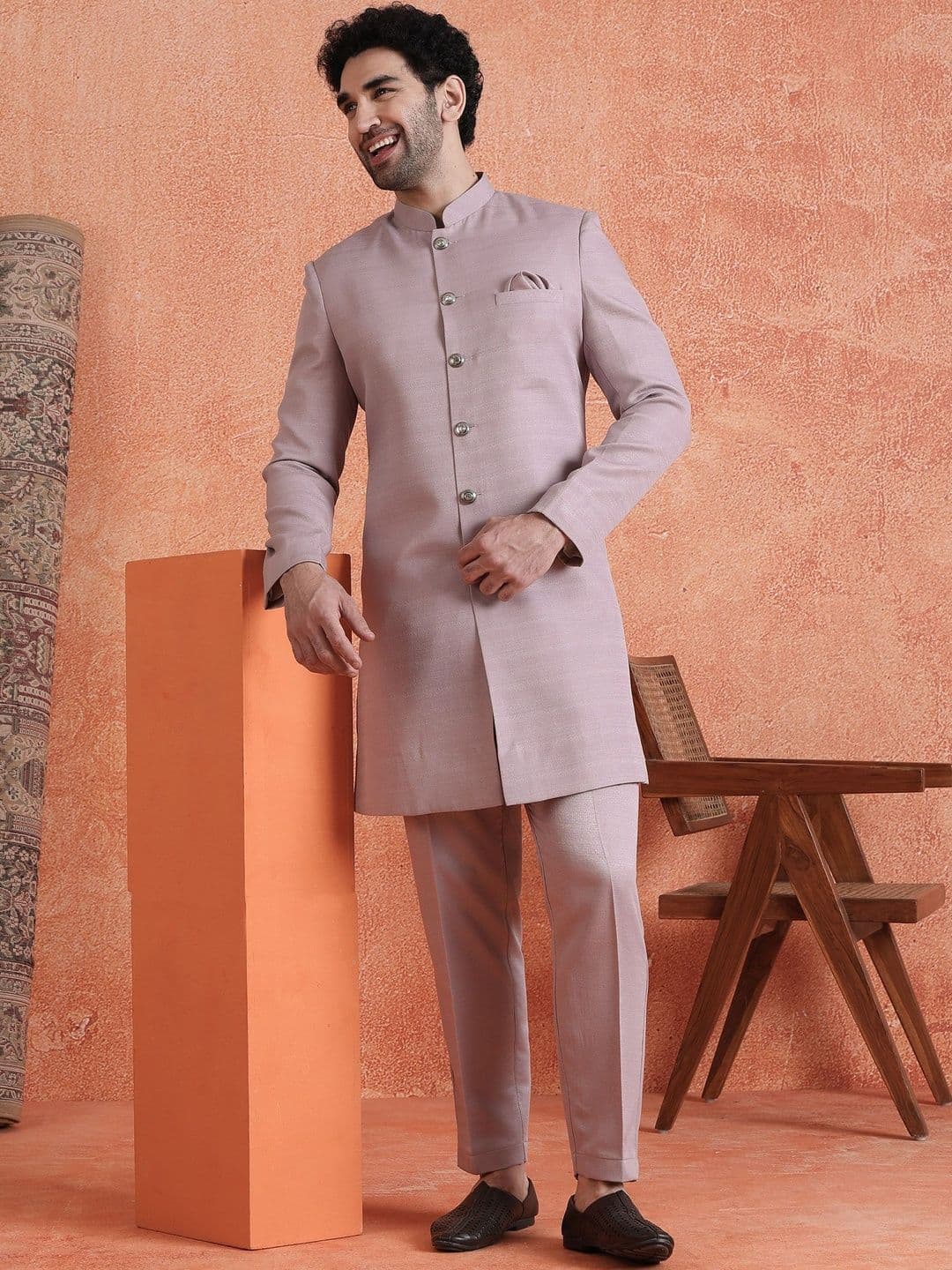 KISAH Mandarin Collar Knee Length Sherwani