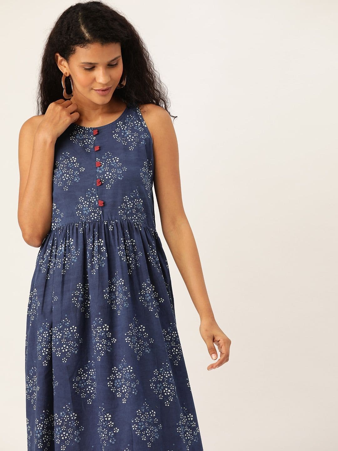 Taavi Women Blue Indigo Hand Block Print A-Line Dress with Gathers Detail - view 1