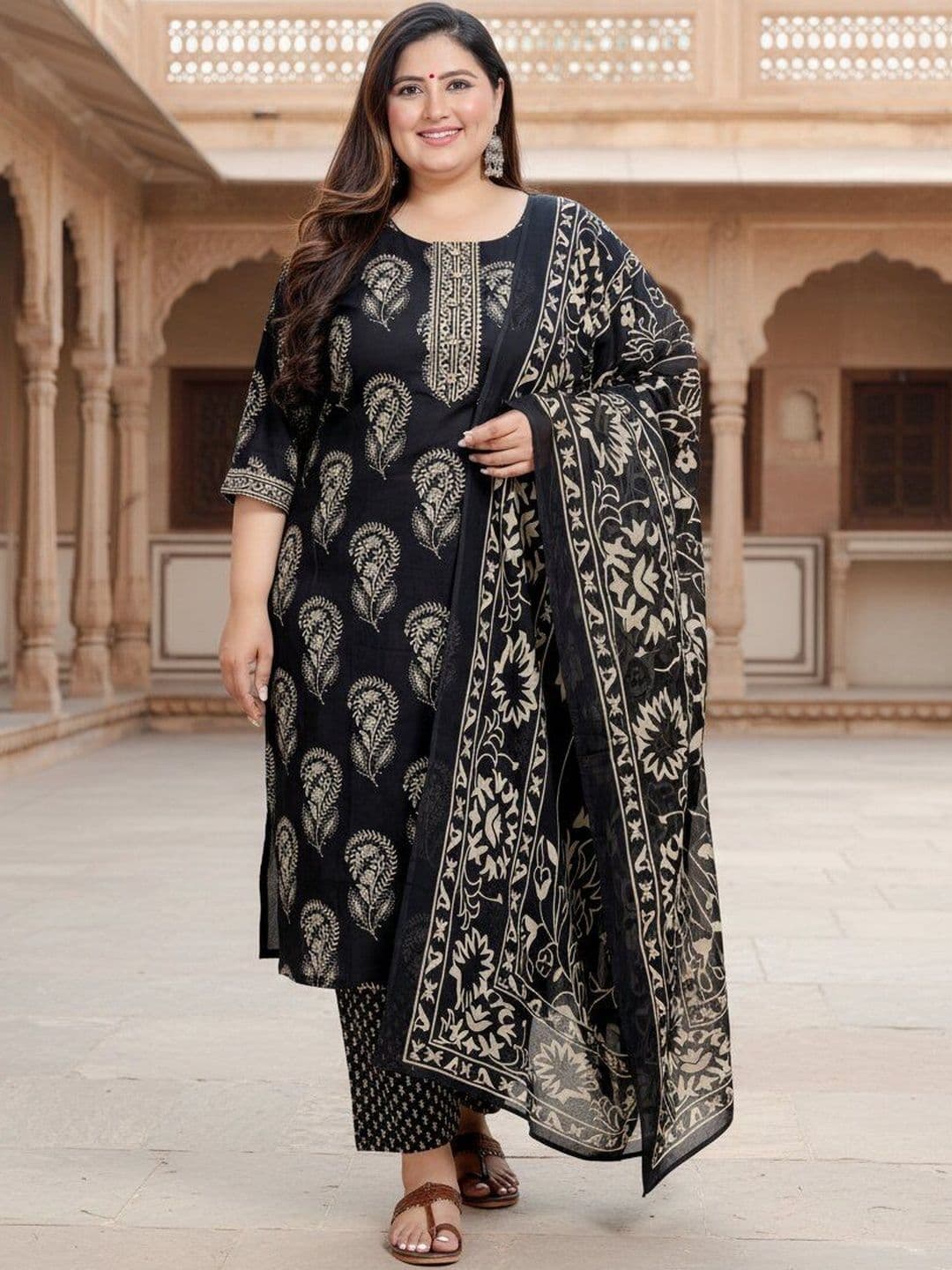 Sztori Women Ethnic Motifs Printed Regular Sequinned Pure Cotton Kurta with Trousers & With Dupatta - view 1