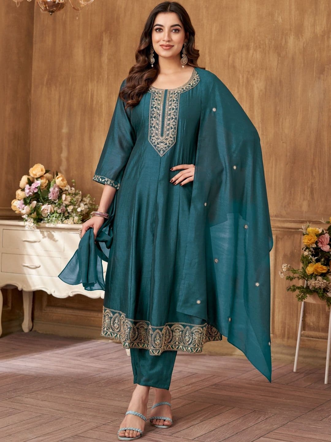 Sangria Embroidered RoundMaroon-Neck Kurta Trousers & Dupatta - view 1