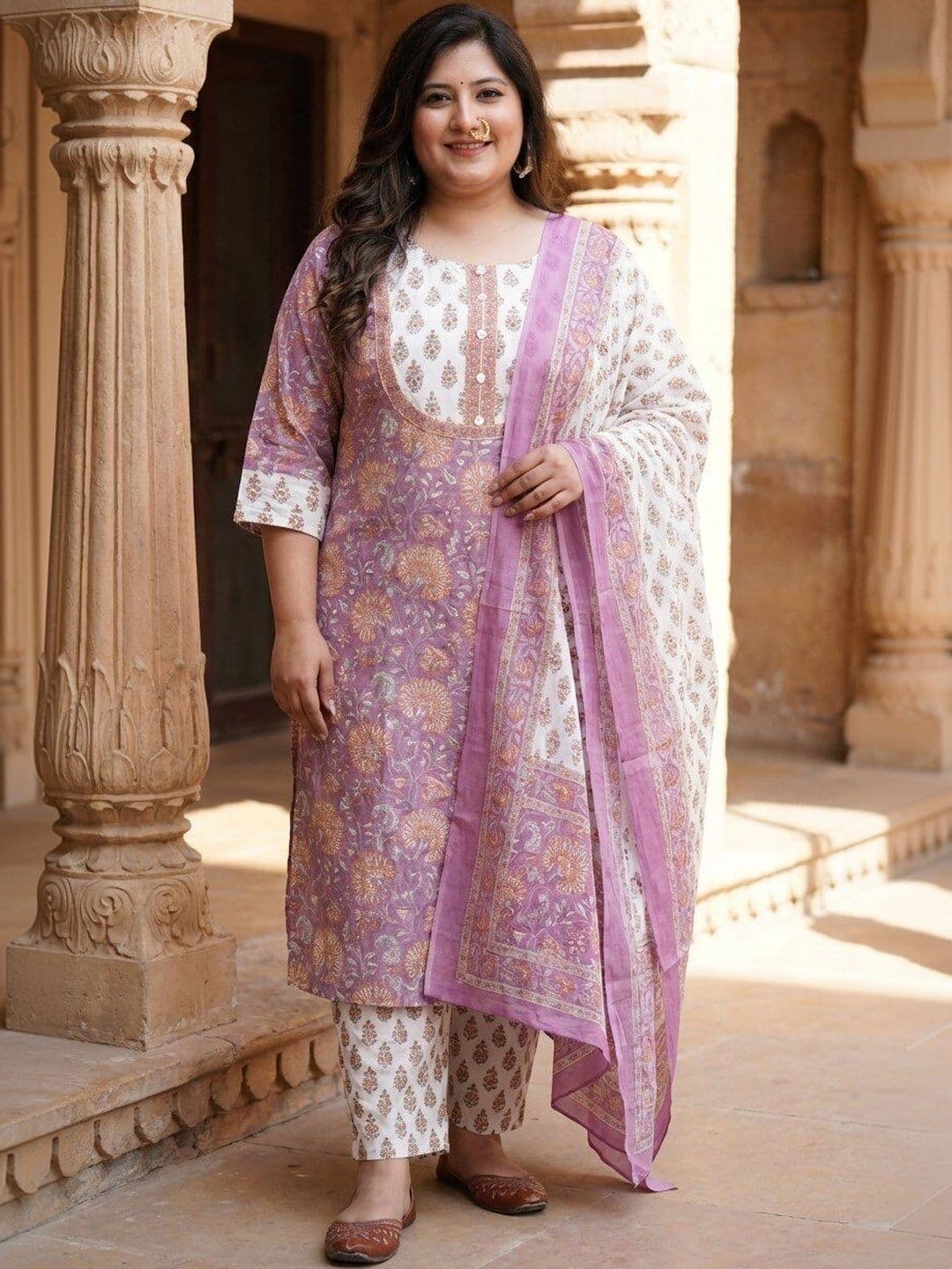 Sztori Women Floral Printed Regular Sequinned Pure Cotton Kurta with Trousers & With Dupatta - view 1