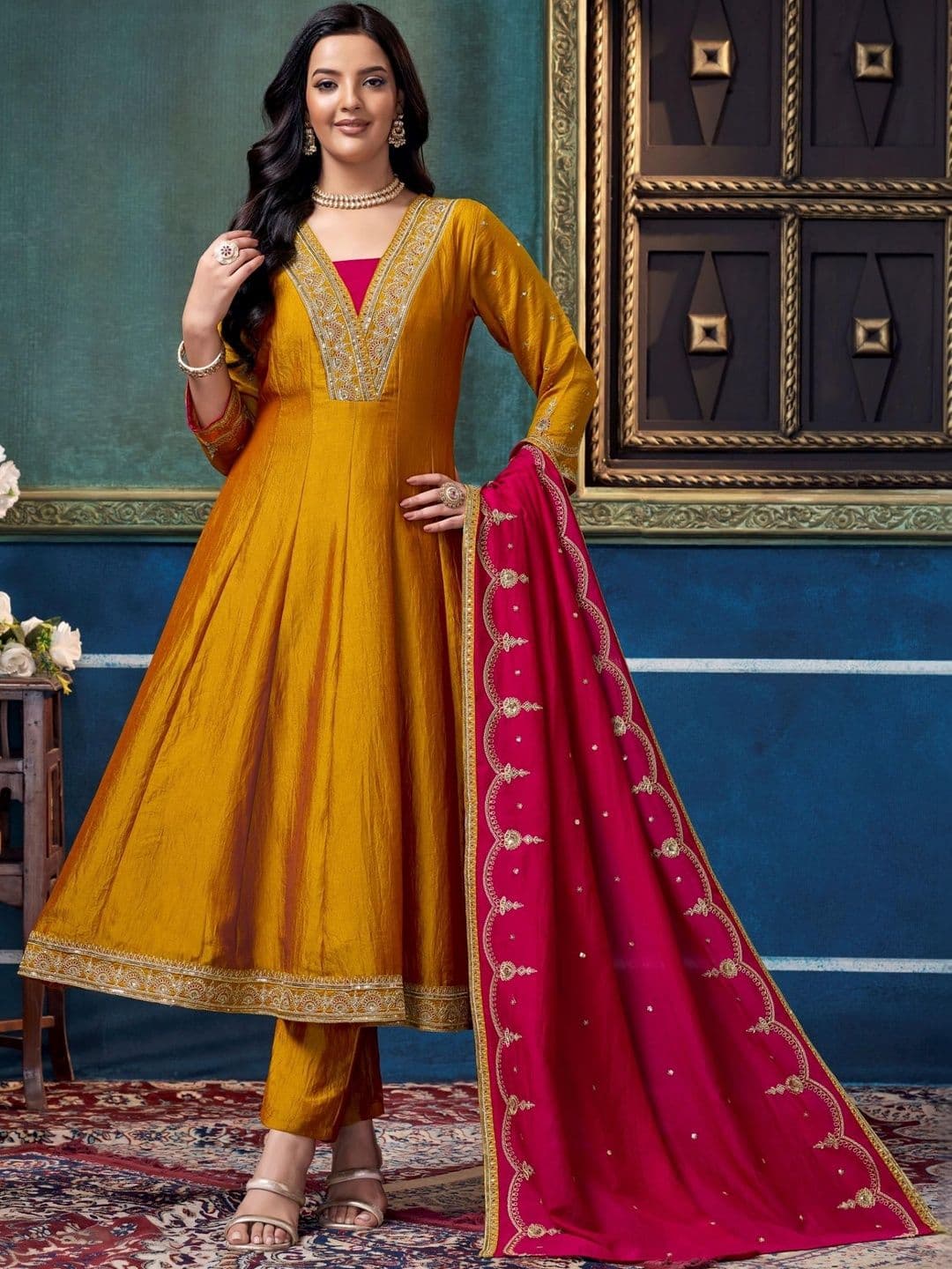 Sangria Embroidered V-Neck Kurta Trousers & Dupatta - view 1