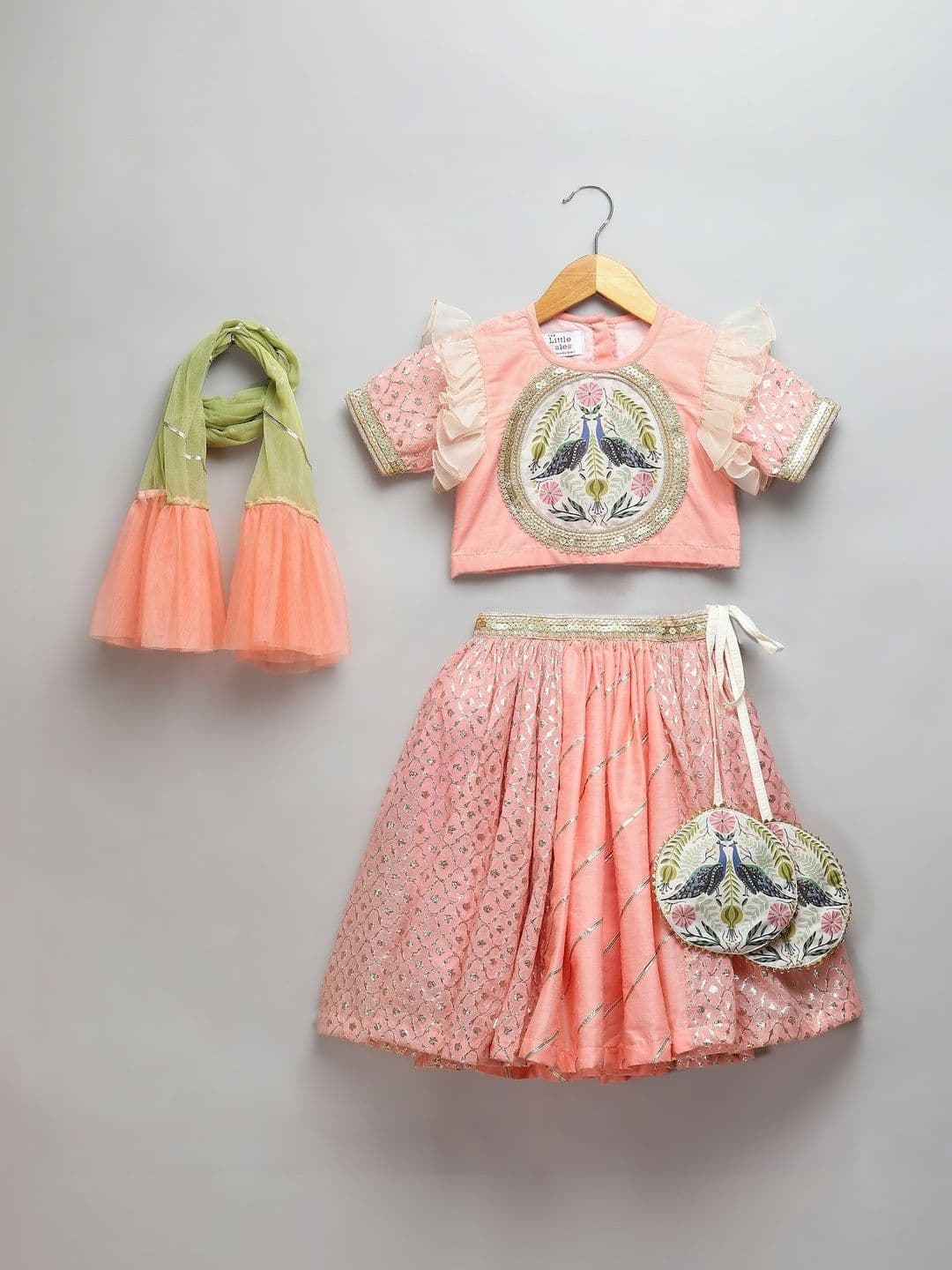The Little Tales Girls Embroidered Sequinned Foil Print Lehenga & Blouse With Dupatta - view 1