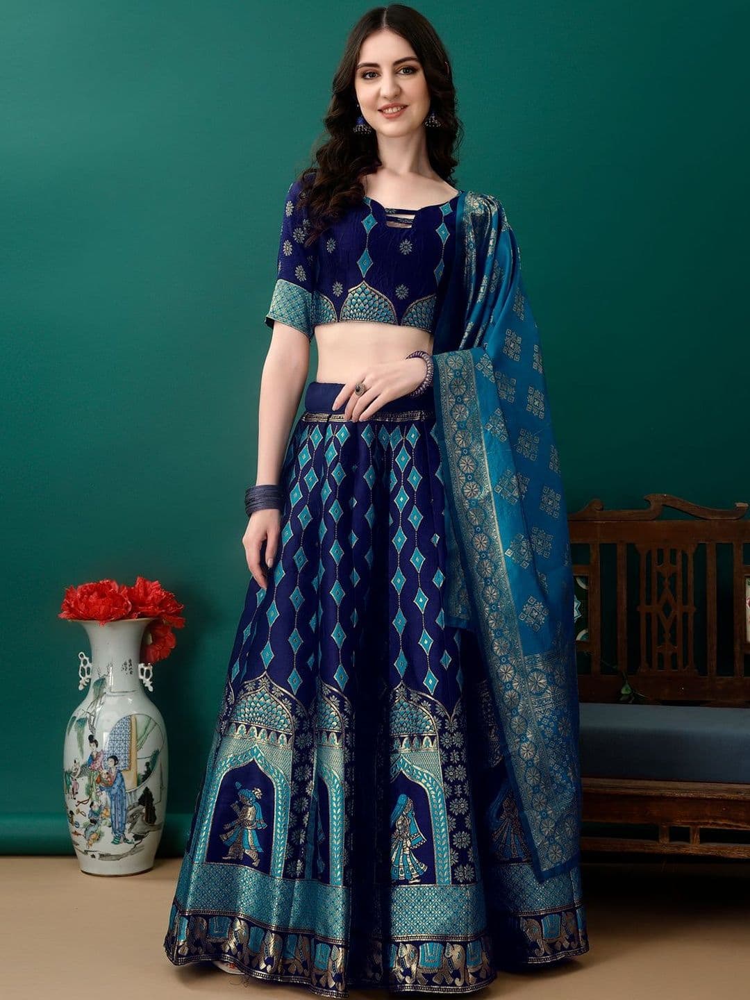 JIVUBA Embellished Semi-Stitched Lehenga & Blouse With Dupatta - view 1