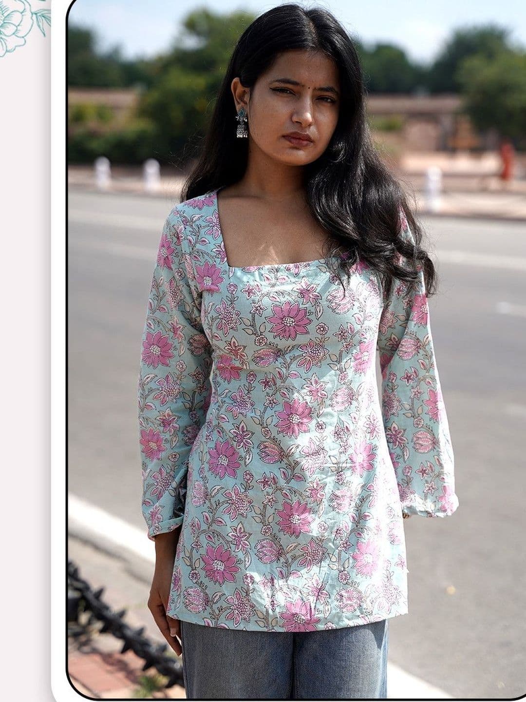 RAJAM Floral Printed Square Neck Pure Cotton Kurti - view 1