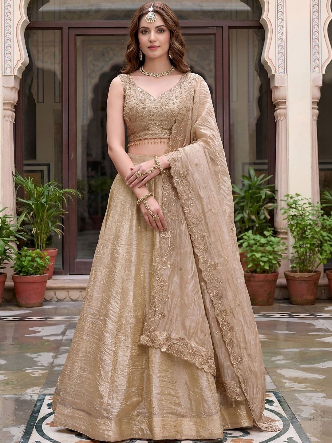 ETHNIC PLUS Sequinned Embroidered Woven Design Silk Lehenga Choli With Dupatta - view 1