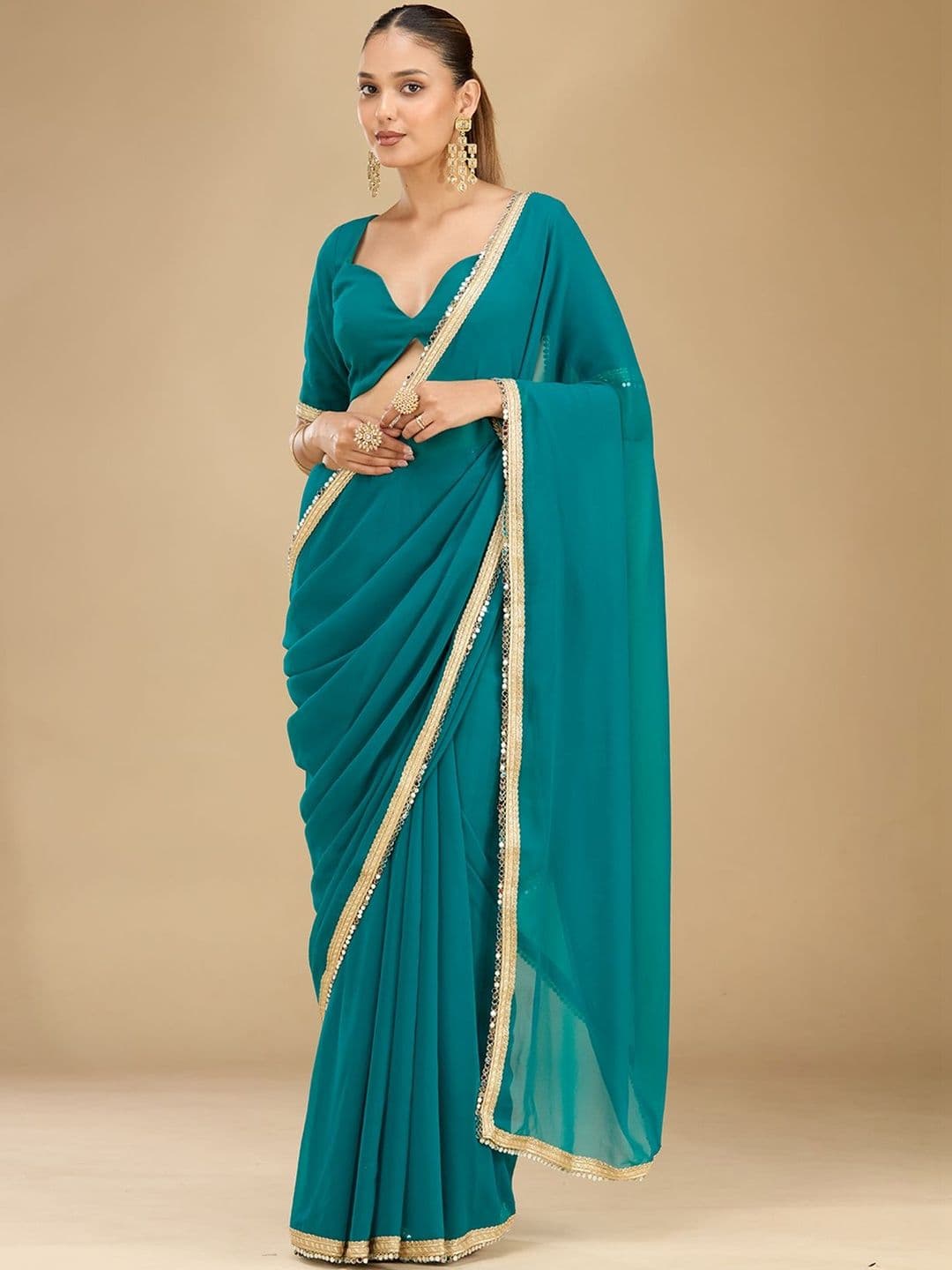 Koskii Women Mirrorwork Rama Green Georgette Saree With Unstitched Blouse - view 1