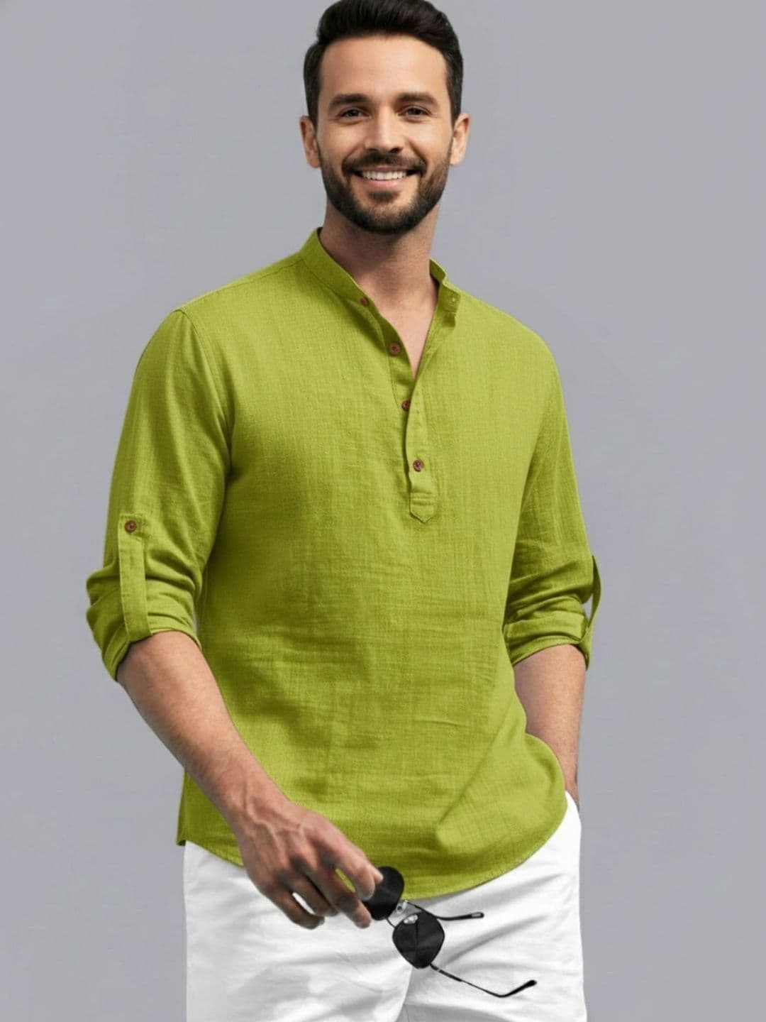 Zee Gold Men Mandarin Collar Roll-Up Sleeves Cotton Straight Kurta - view 1