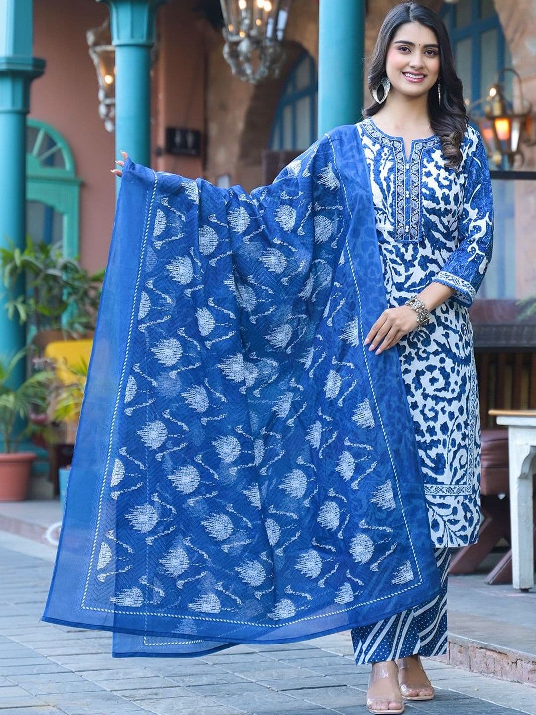 Anouk Mirage Women Ethnic Motifs Printed Regular Thread Work Pure Cotton Kurta with Trousers & With Dupatta - view 1
