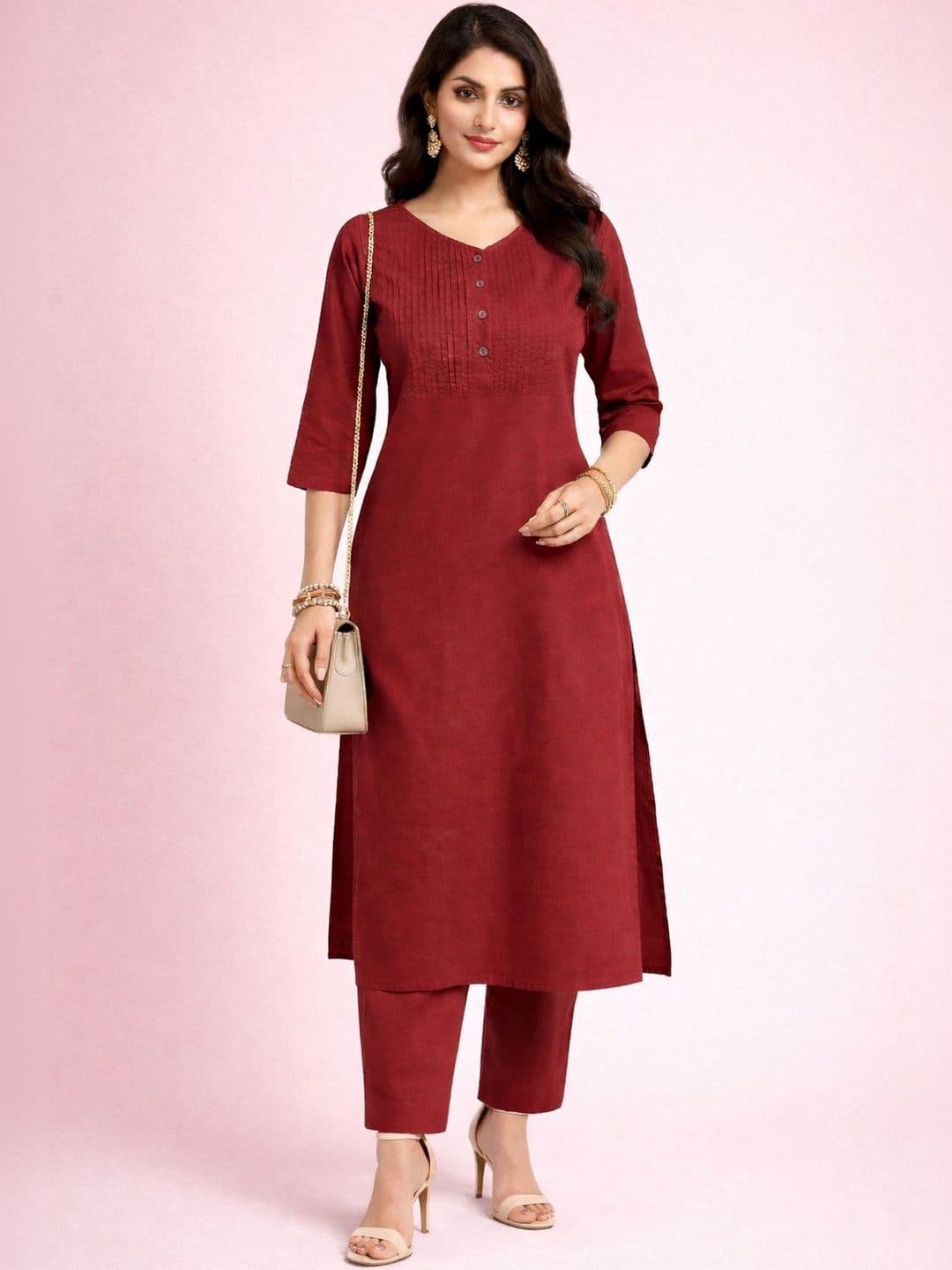 Bitterlime Women's Pure Cotton Solid Pintuck Kurta With Trouser - view 1
