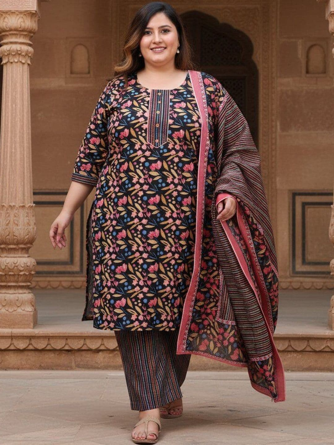 Sztori Women Floral Printed Regular Pure Cotton Kurta with Trousers & With Dupatta - view 1