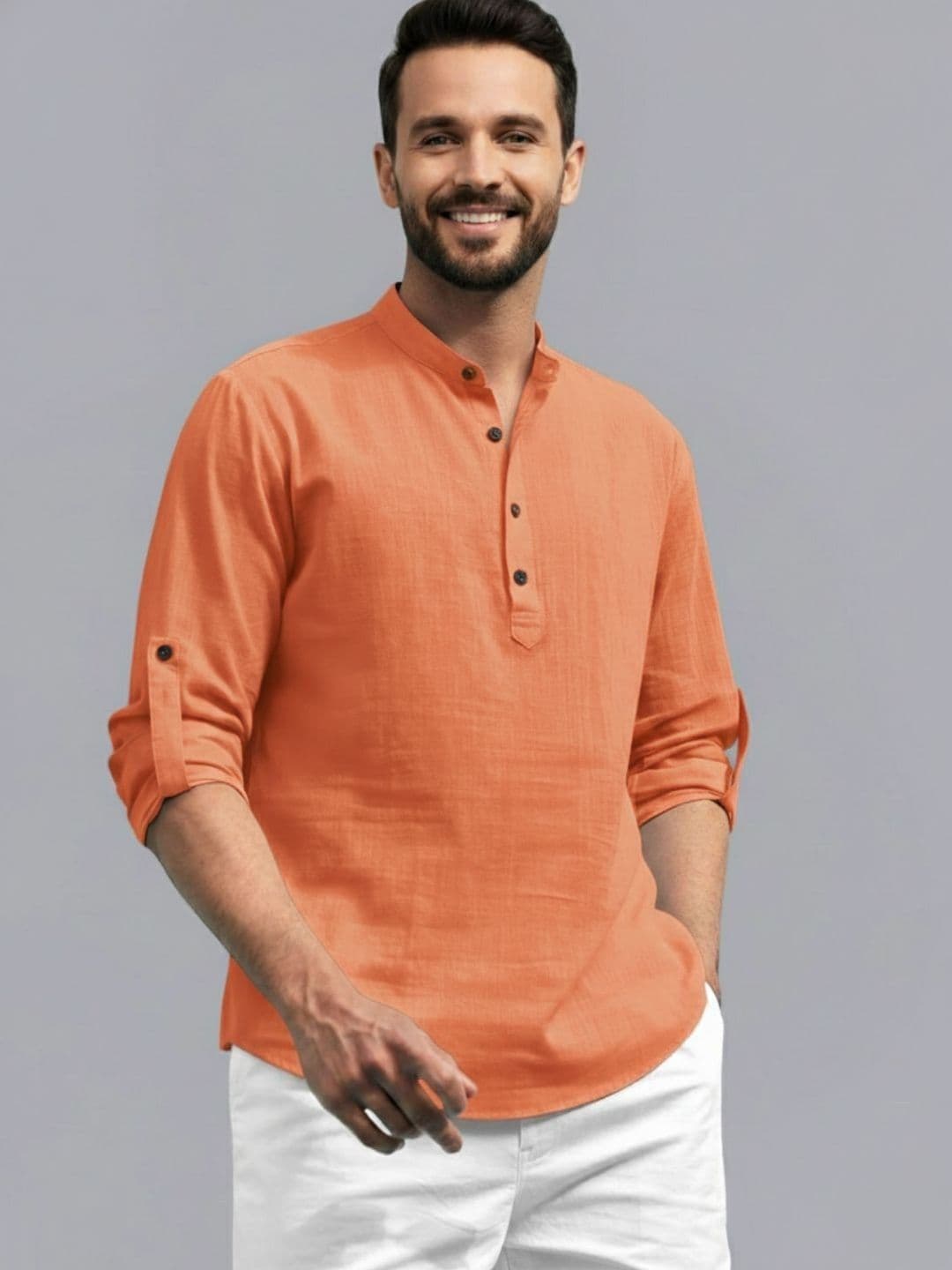 Zee Gold Men Mandarin Collar Roll-Up Sleeves Cotton Straight Kurta - view 1