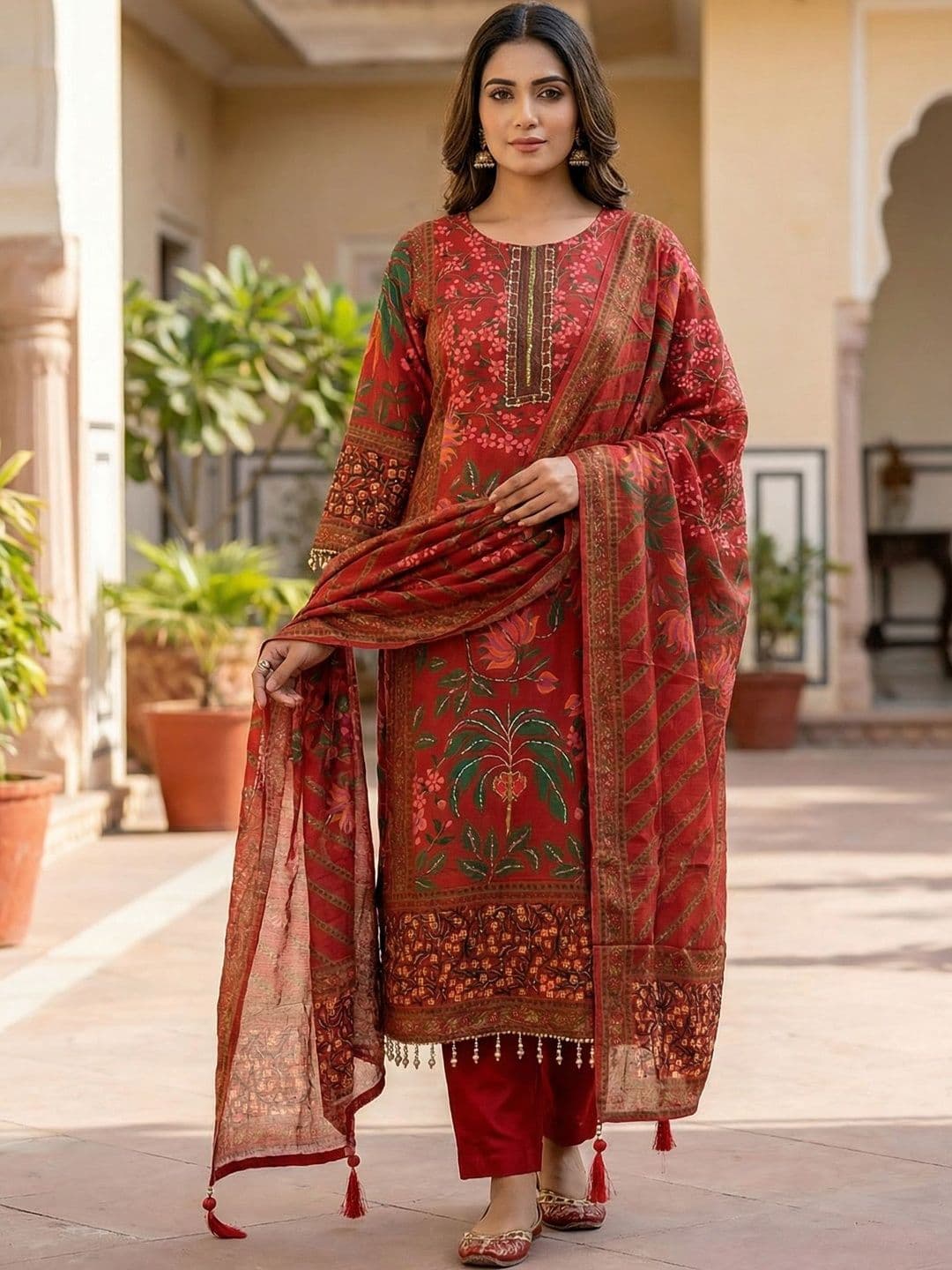 Anouk Women Floral Printed Regular Beads and Stones Pure Silk Kurta with Trousers & With Dupatta - view 1