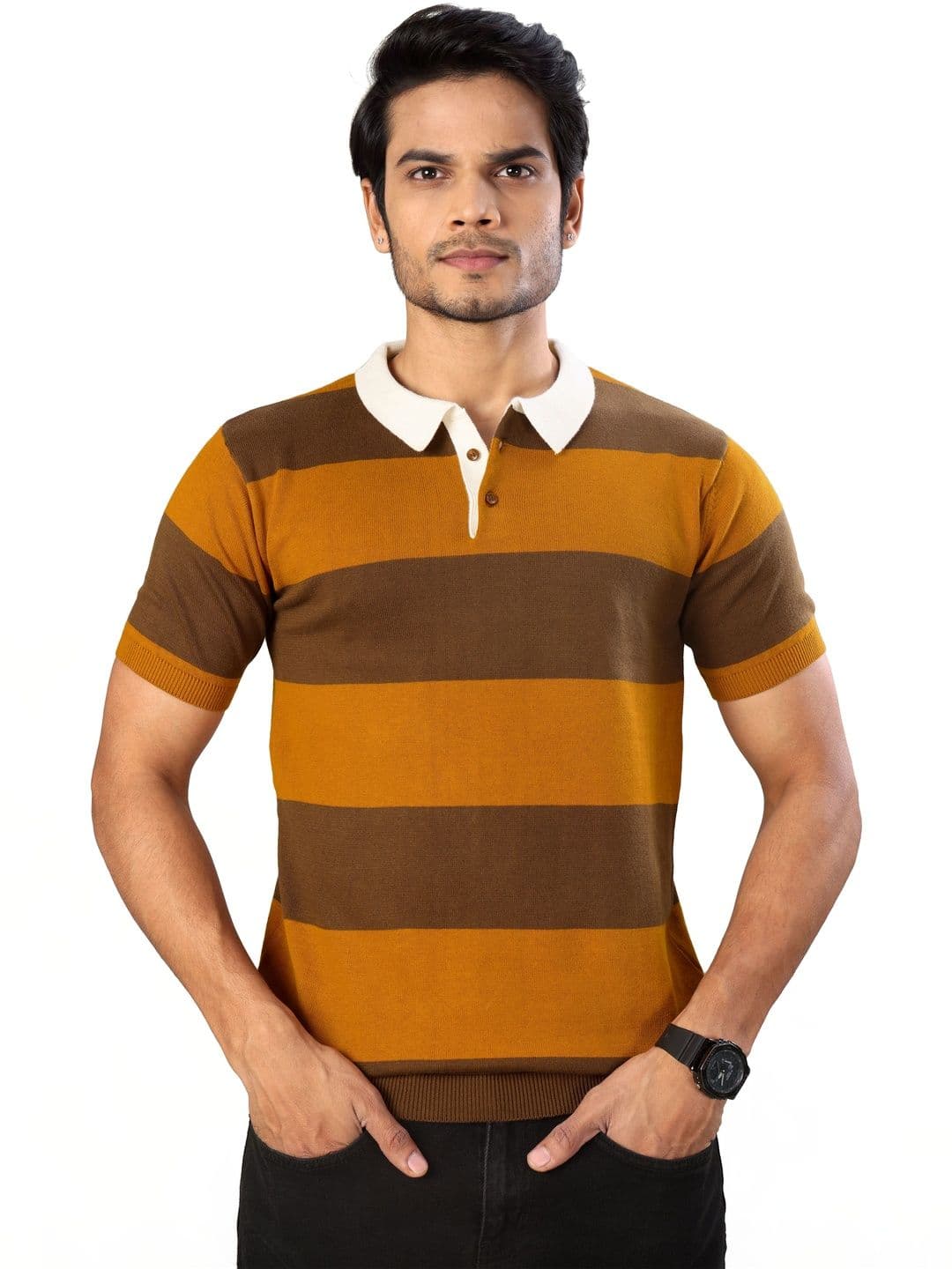 R.Code by The Roadster Life Co. Striped Polo Collar T-shirt - view 1