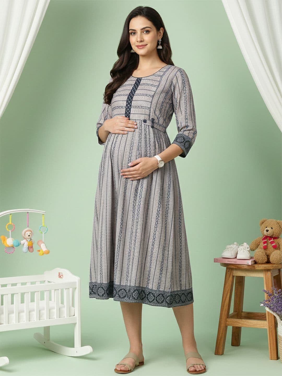 True Shape Striped Fit and Flare Pleated Maternity Dresses - view 1