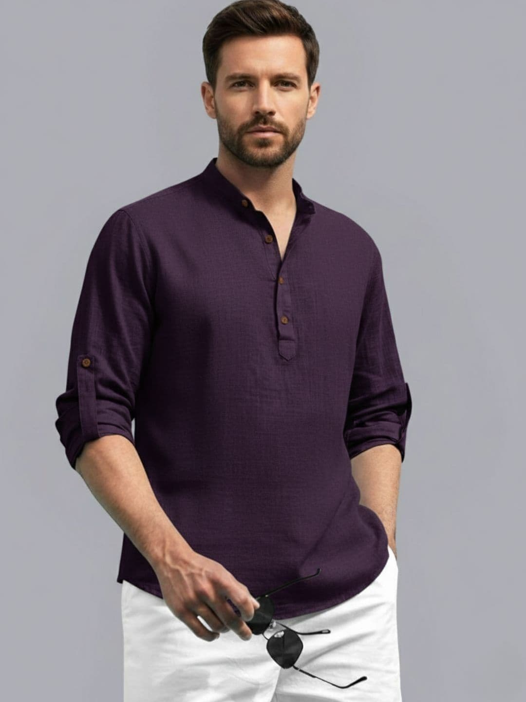 Zee Gold Men Mandarin Collar Roll-Up Sleeves Cotton Straight Kurta - view 1