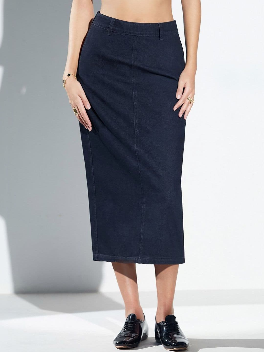Miss Chase Women High-Rise Straight Fit Denim Midi Skirt with Zip Closure & Back Slit - view 1