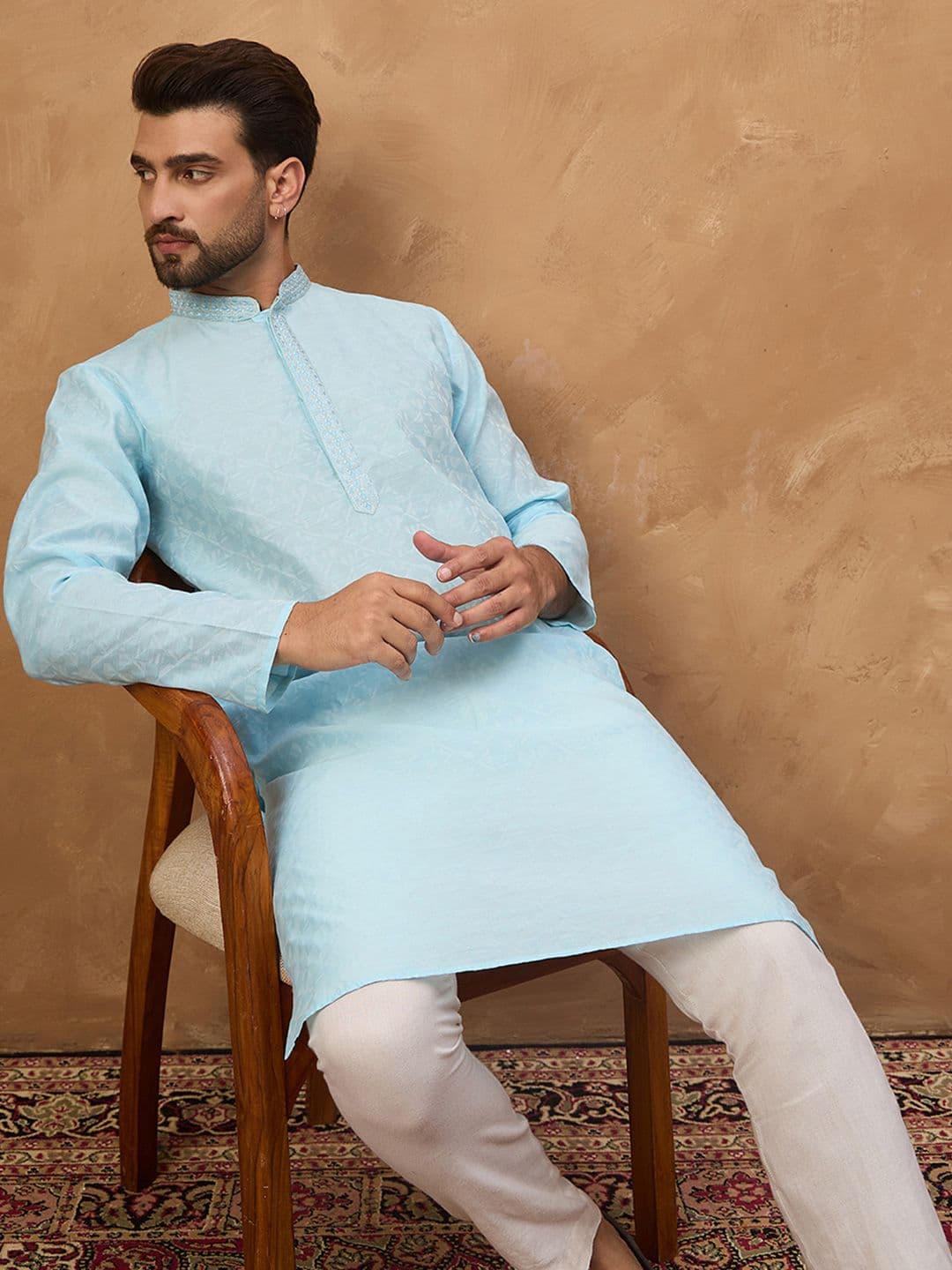 House of Pataudi Embroidered Silk Mandarin Collar Straight Kurtas - view 1