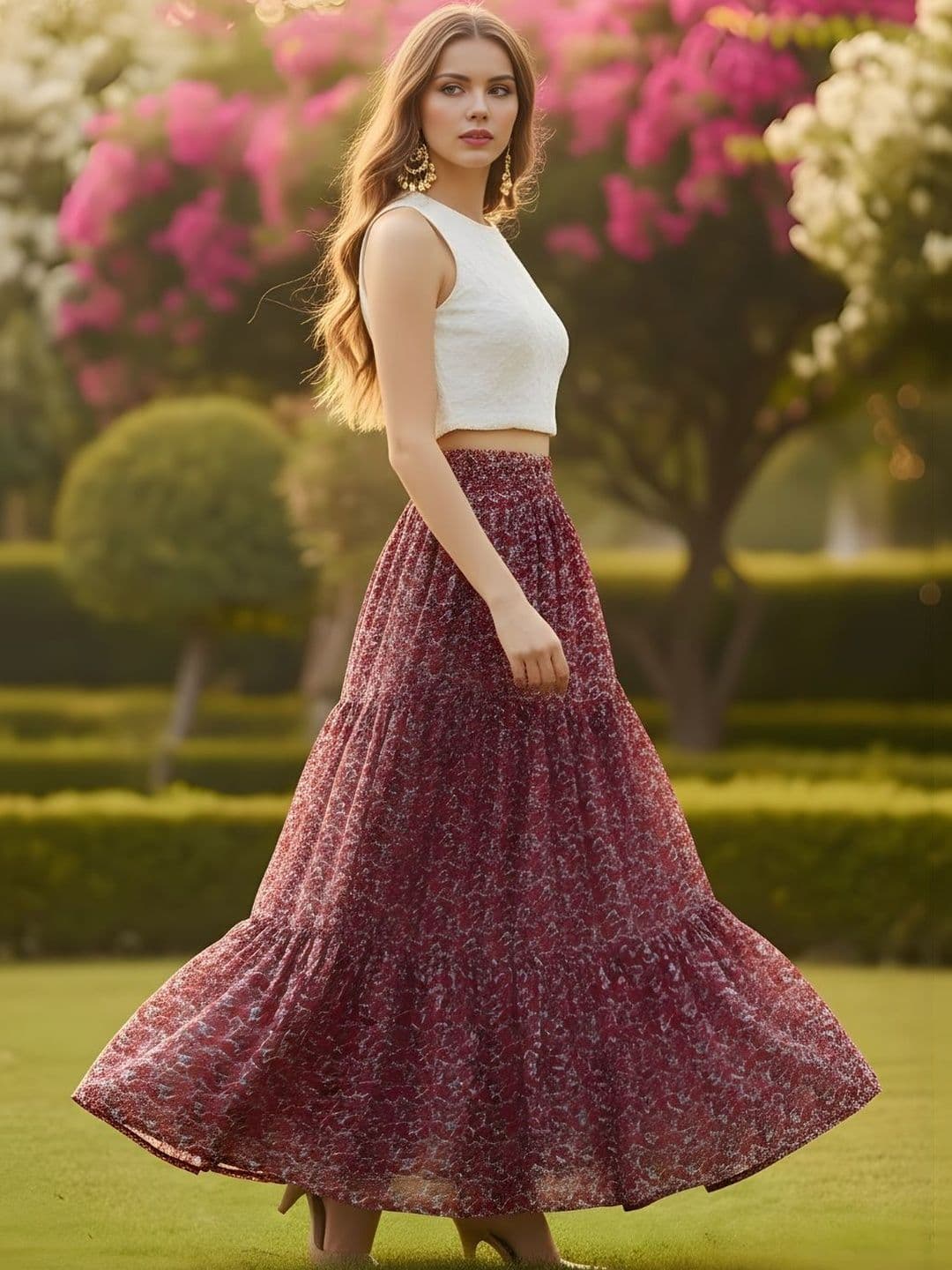 Sera Women Pure Cotton Blend Floral Bohemian Maxi Tiered Skirt - view 1