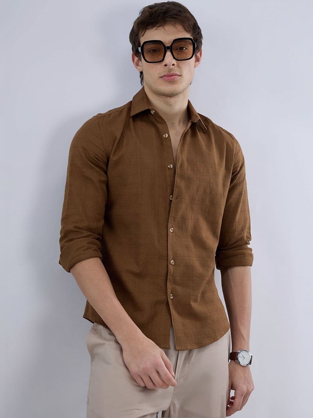 VASTRADO Russet Brown Micro Grid Weave Jacquard Shirt - view 1