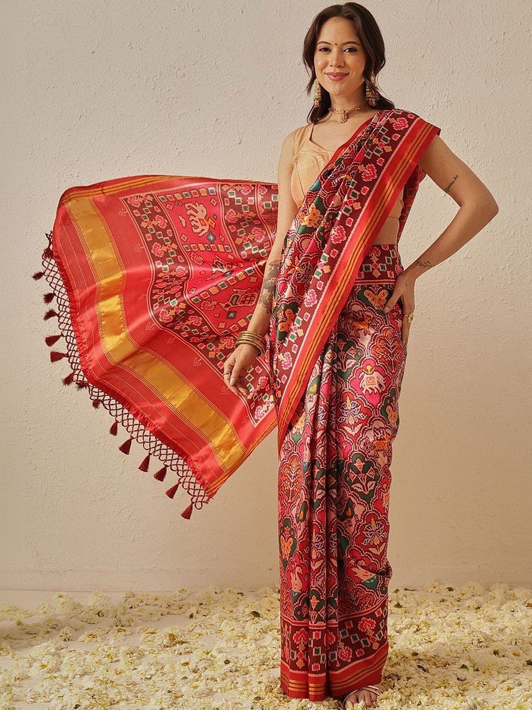 Silk Land Multicolored Double Ikkat Patola Saree with Weaving Border & Pallu - view 1
