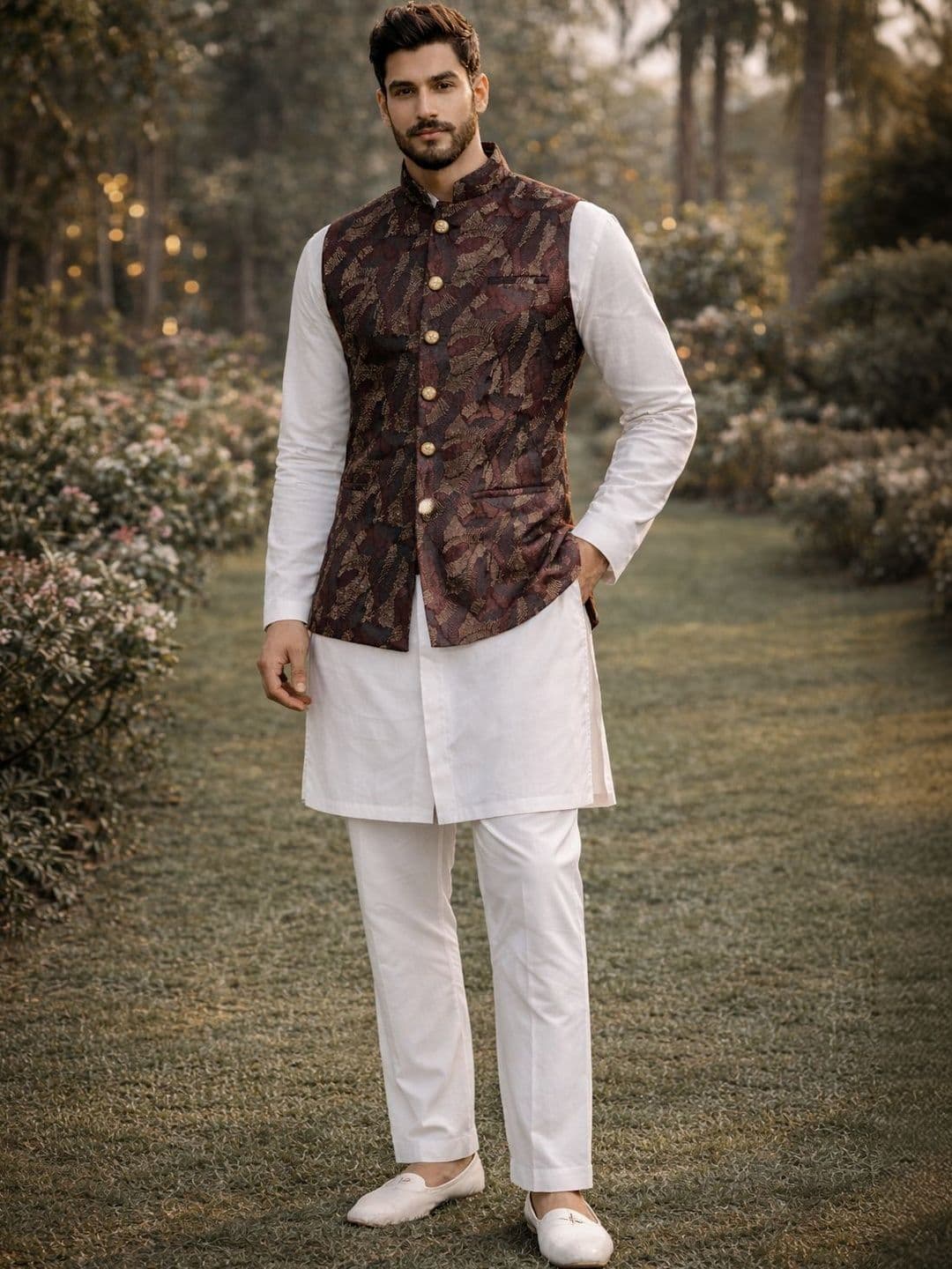 House of Pataudi Woven Designed Mandarin Collar Nehru Jacket - view 1