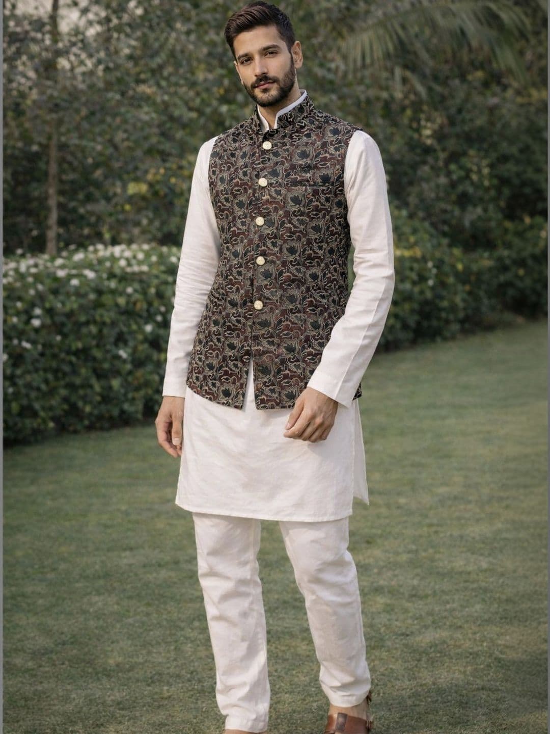 House of Pataudi Woven Designed Mandarin Collar Nehru Jacket - view 1