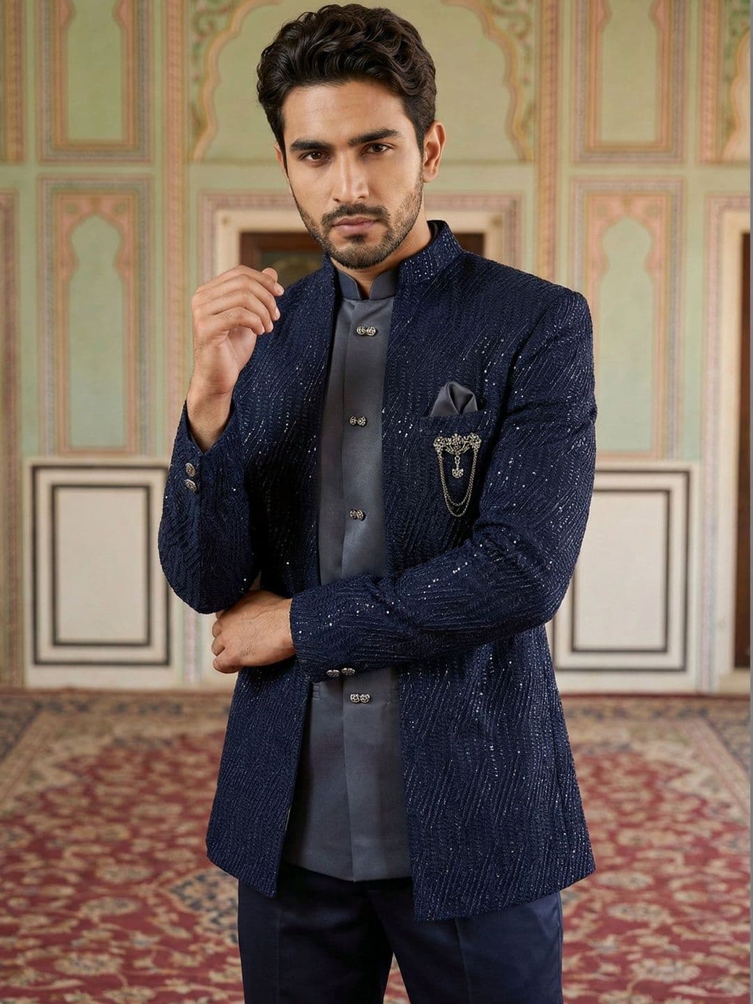 Jompers Embroidered Mandarin Collared Sherwani Set - view 1
