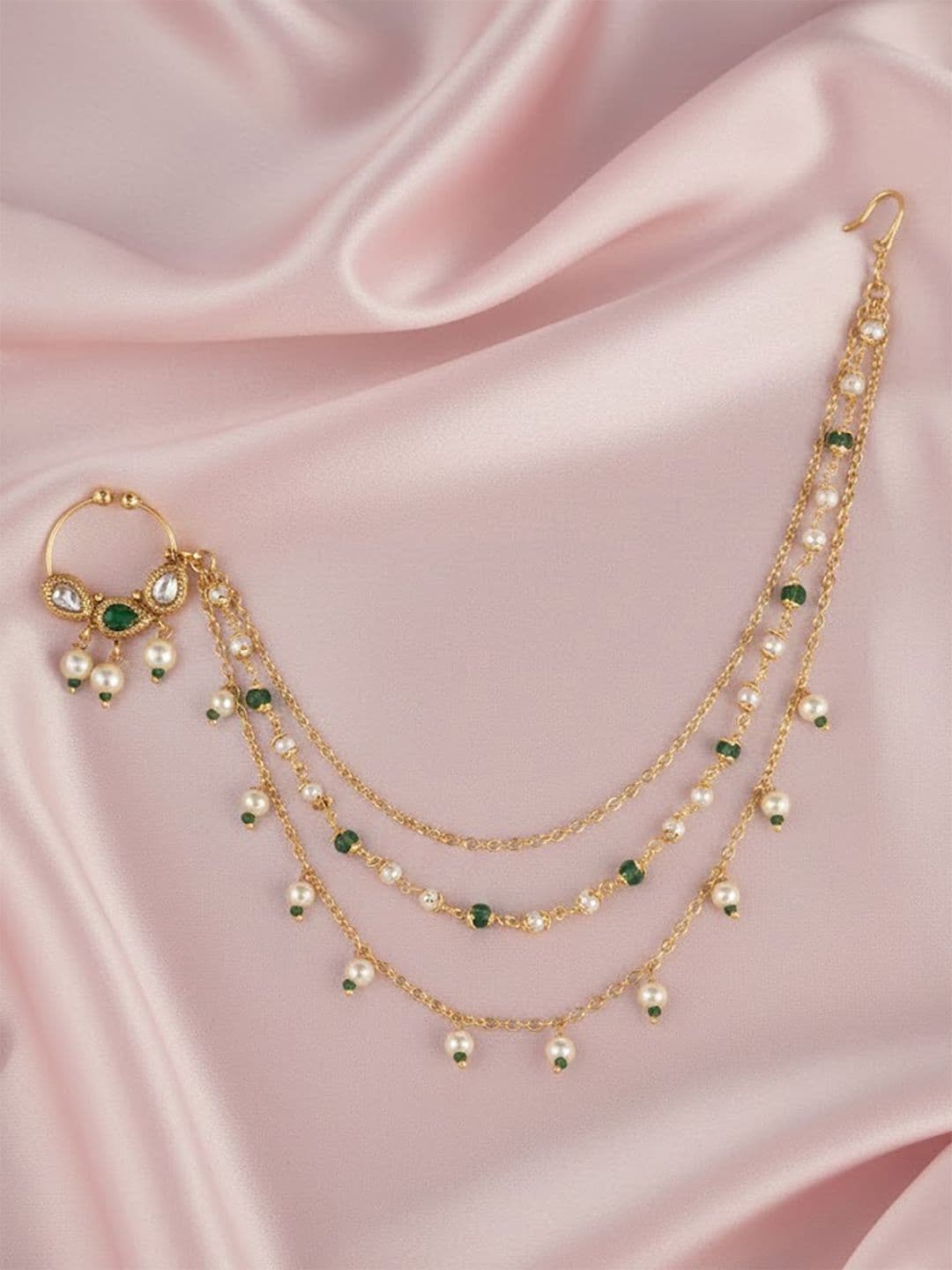 Adwitiya Collection Gold-Plated Green Stone-Studded & Beaded Chained Nose Ring - view 1