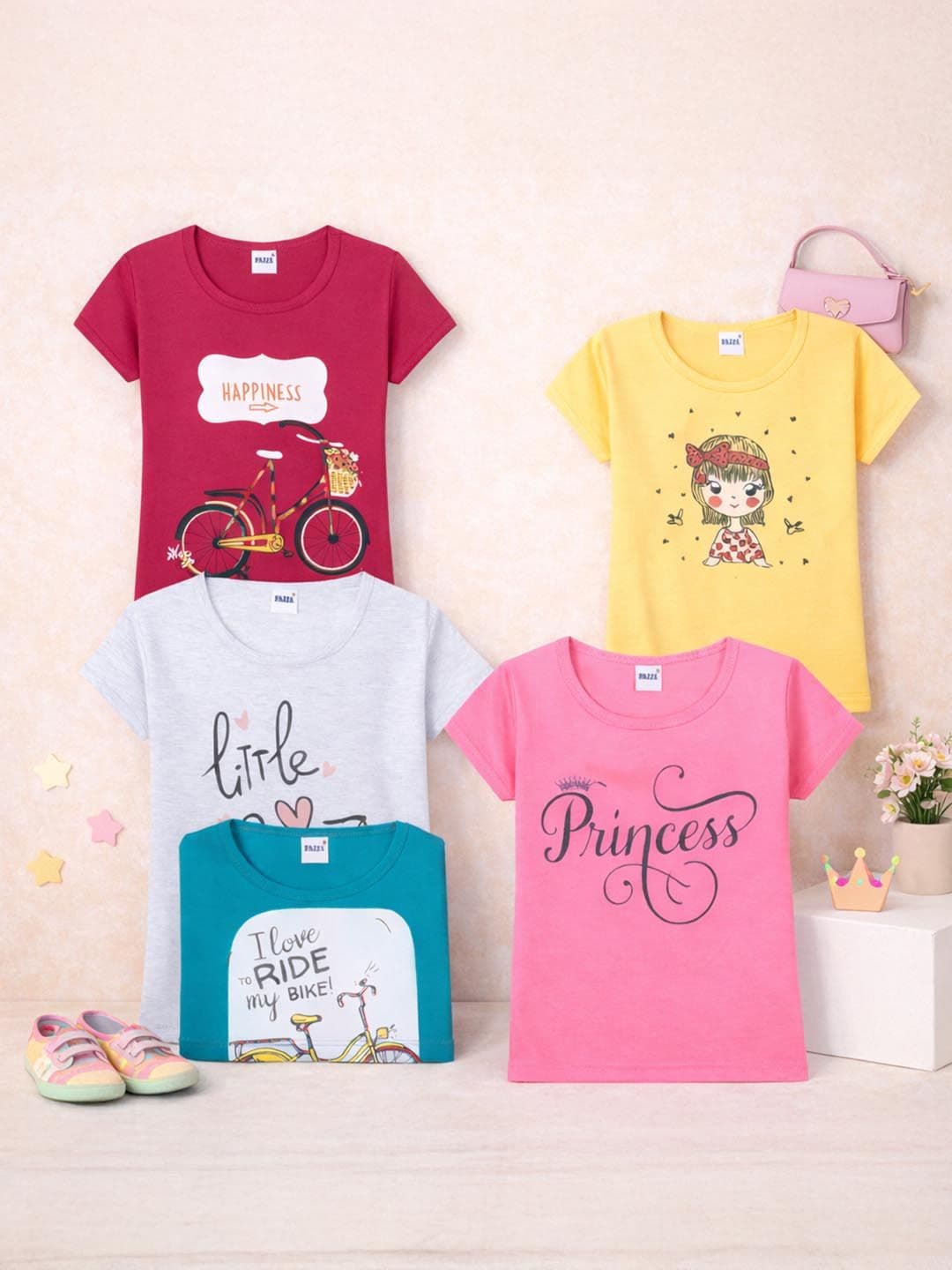 FAZZA Girls Pack Of 5 Printed Cotton Casual T-shirts - view 1
