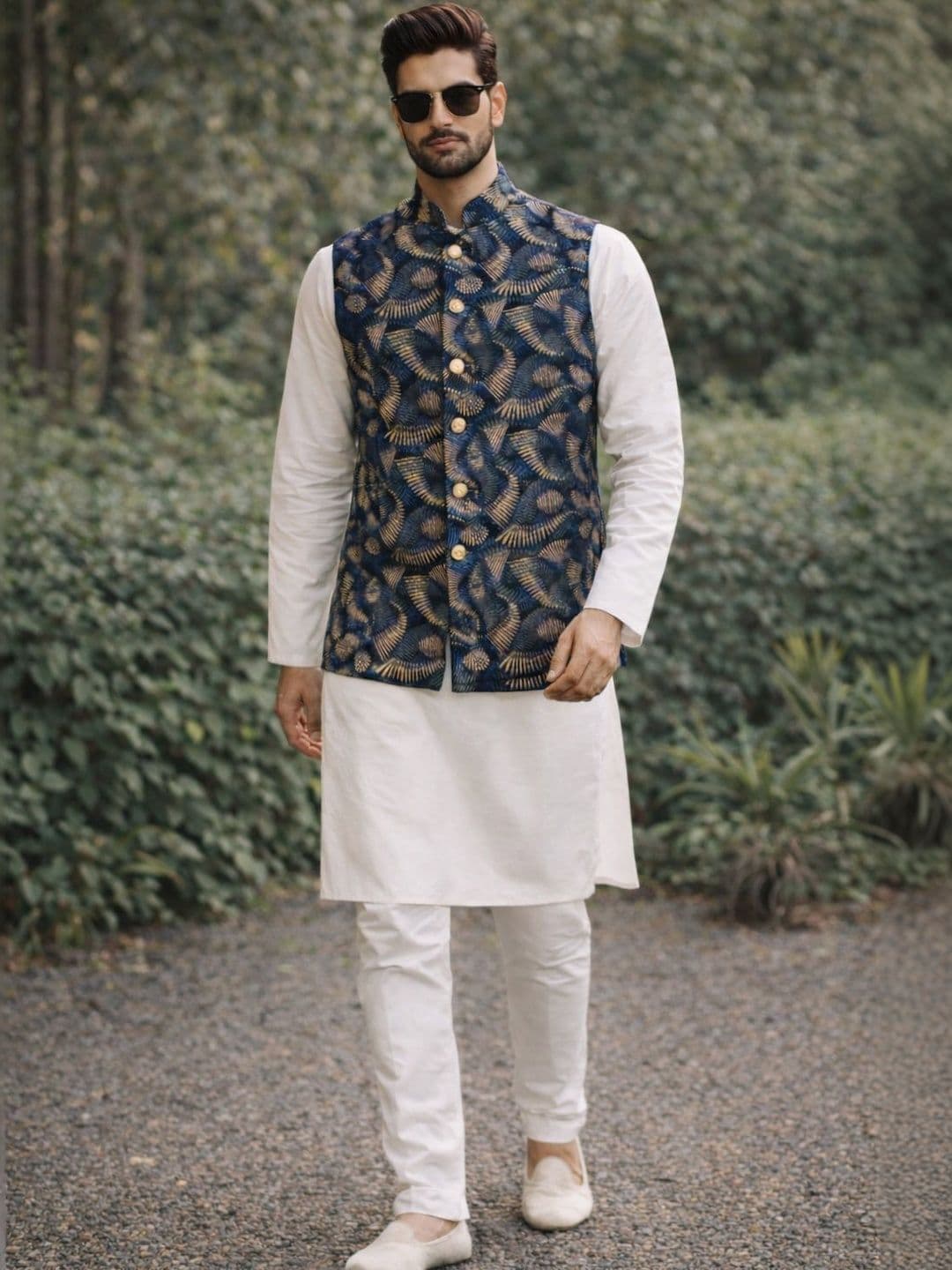 House of Pataudi Woven Designed Mandarin Collar Nehru Jacket - view 1