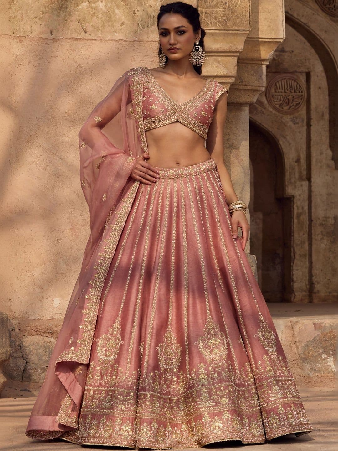 House of Pataudi Embroidered V-Neck Semi-Stiched Lehenga Choli - view 1