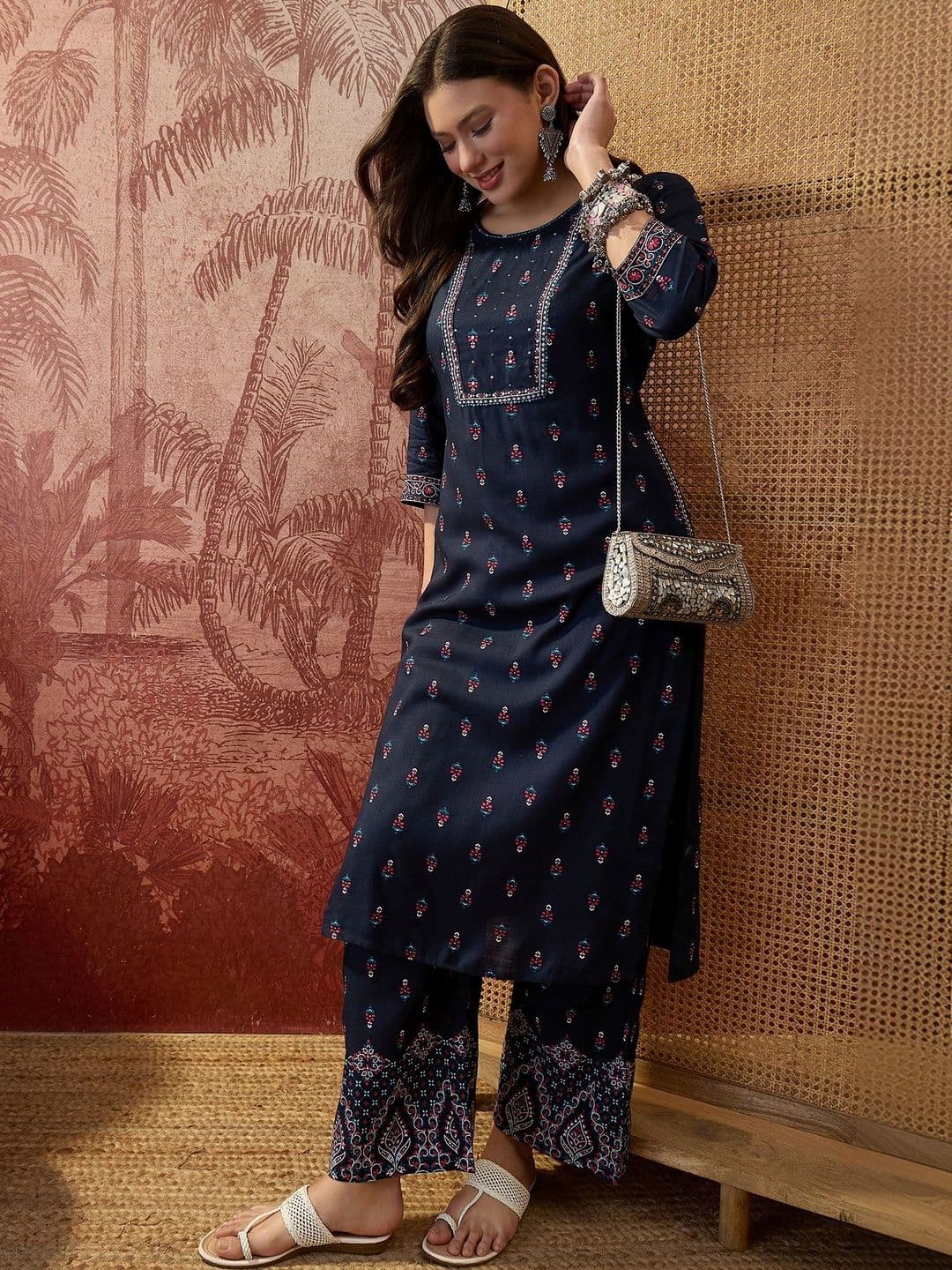 Sangria Printed Round Neck Straight Kurta With Trousers - view 1