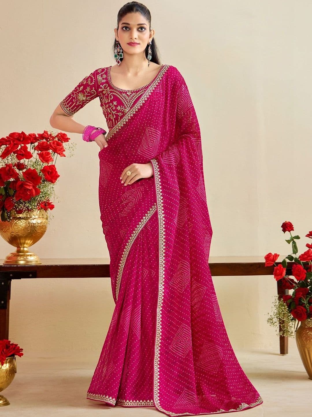 Silkena Embellished Embroidered Pure Georgette Heavy Work Bandhani Saree - view 1