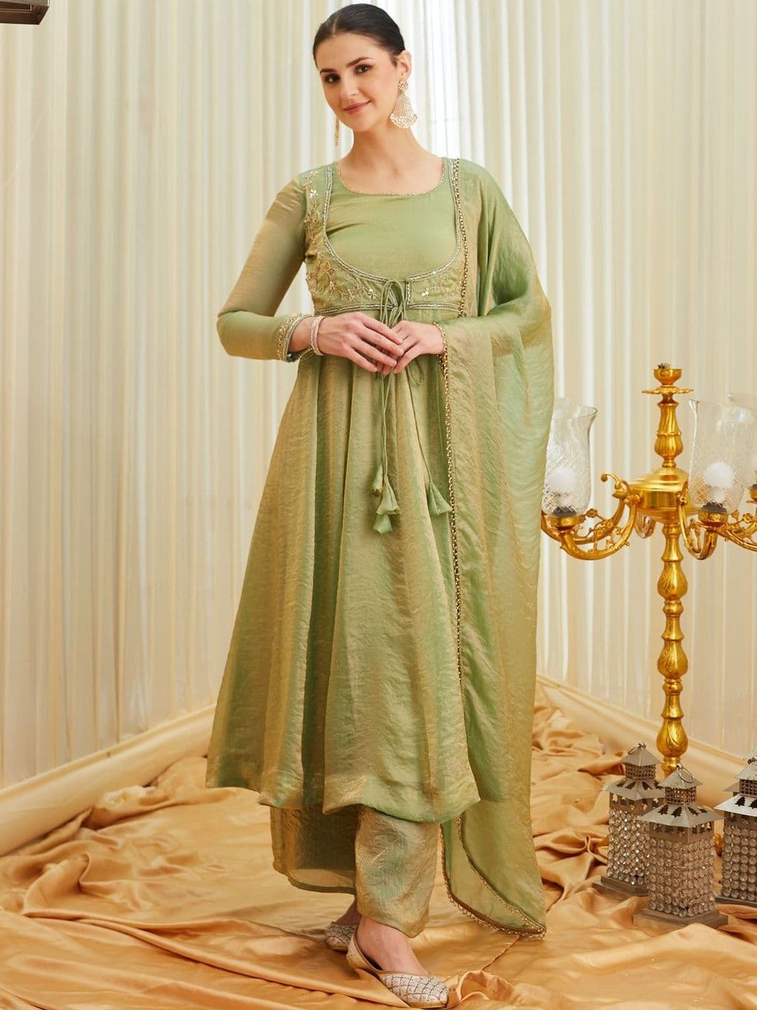 Colors of Earth Colors of Earth Silk Embroidered Beadswork Anarkali Kurta Palazzo Set With Dupatta - view 1