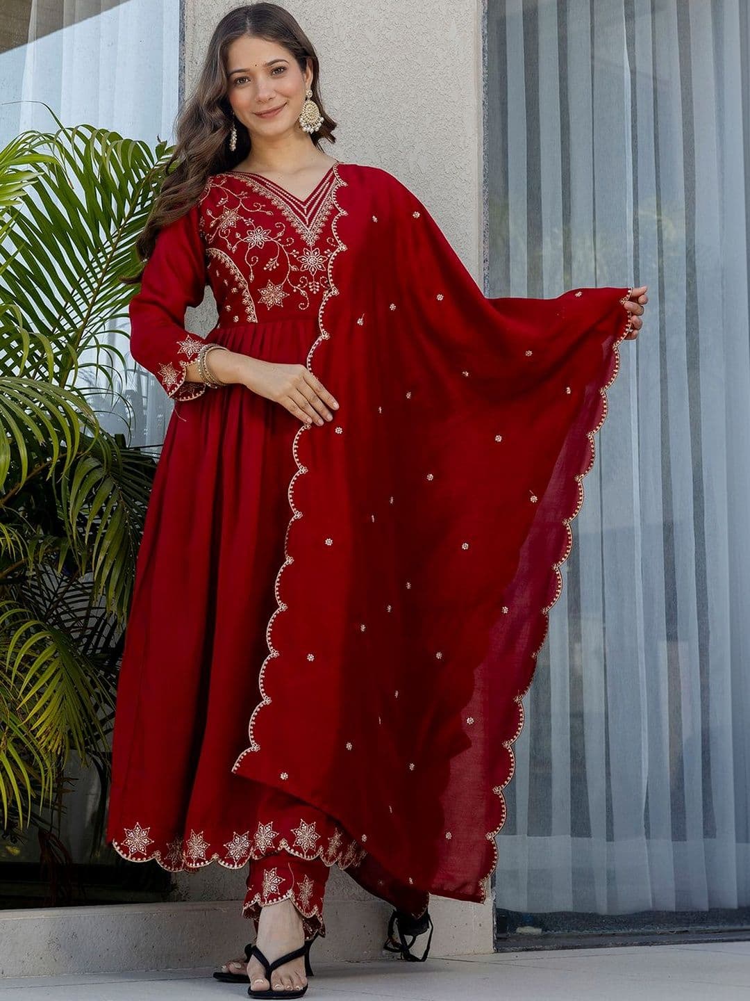 KALINI Women Ethnic Motifs Embroidered Empire Thread Work Kurta with Trousers & With Dupatta - view 1