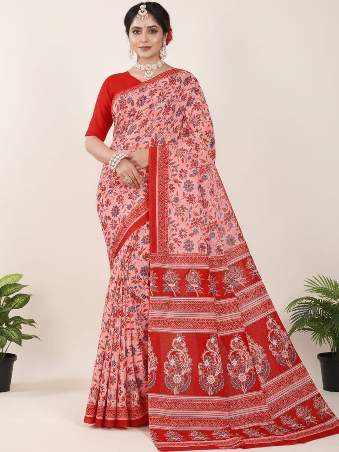 HERE&NOW X Minu Fashions Floral Pure Cotton Block Print Saree - view 1
