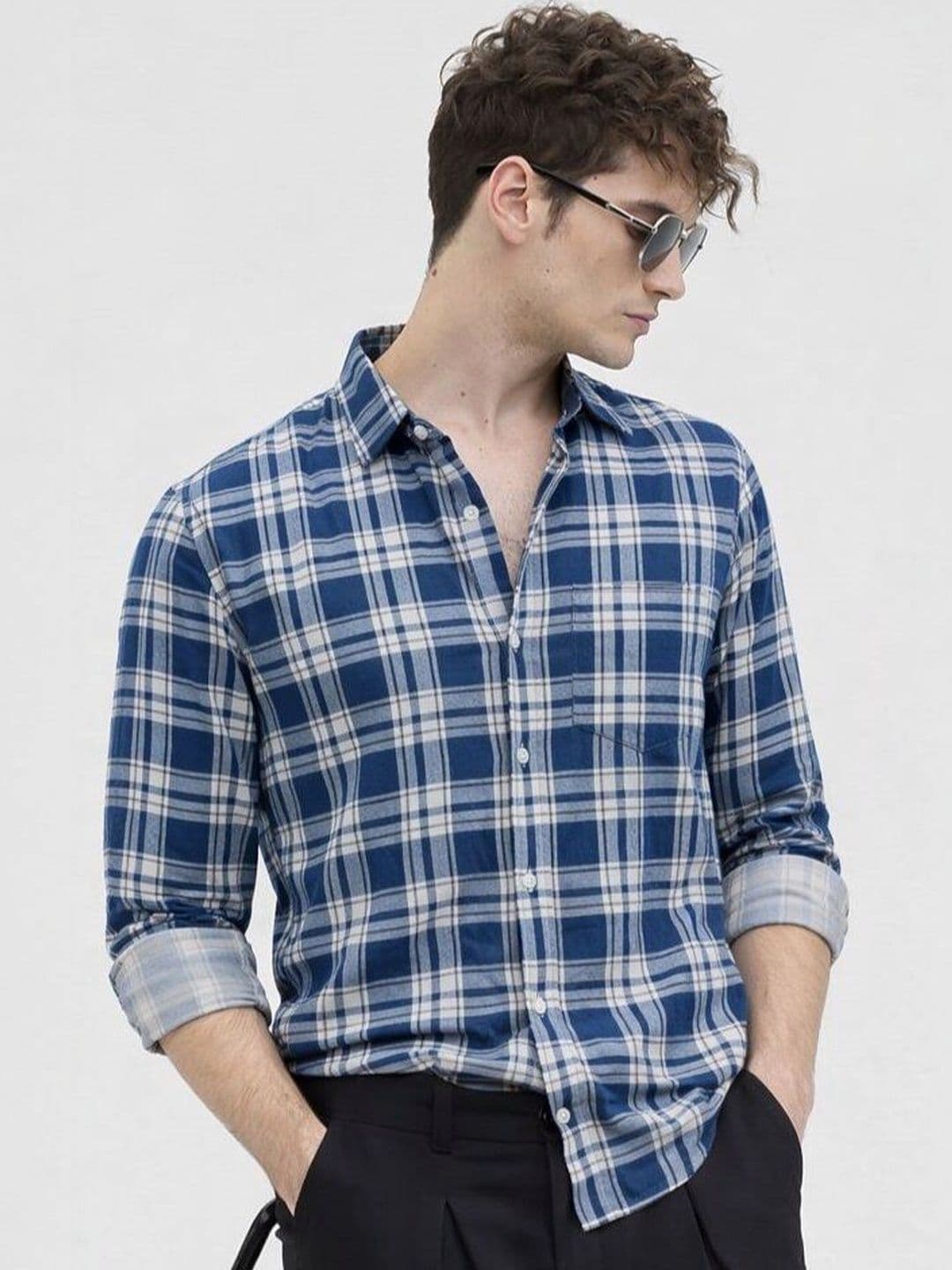 The Roadster Lifestyle Co Checked Pure Cotton Spread Collar Shirt - view 1