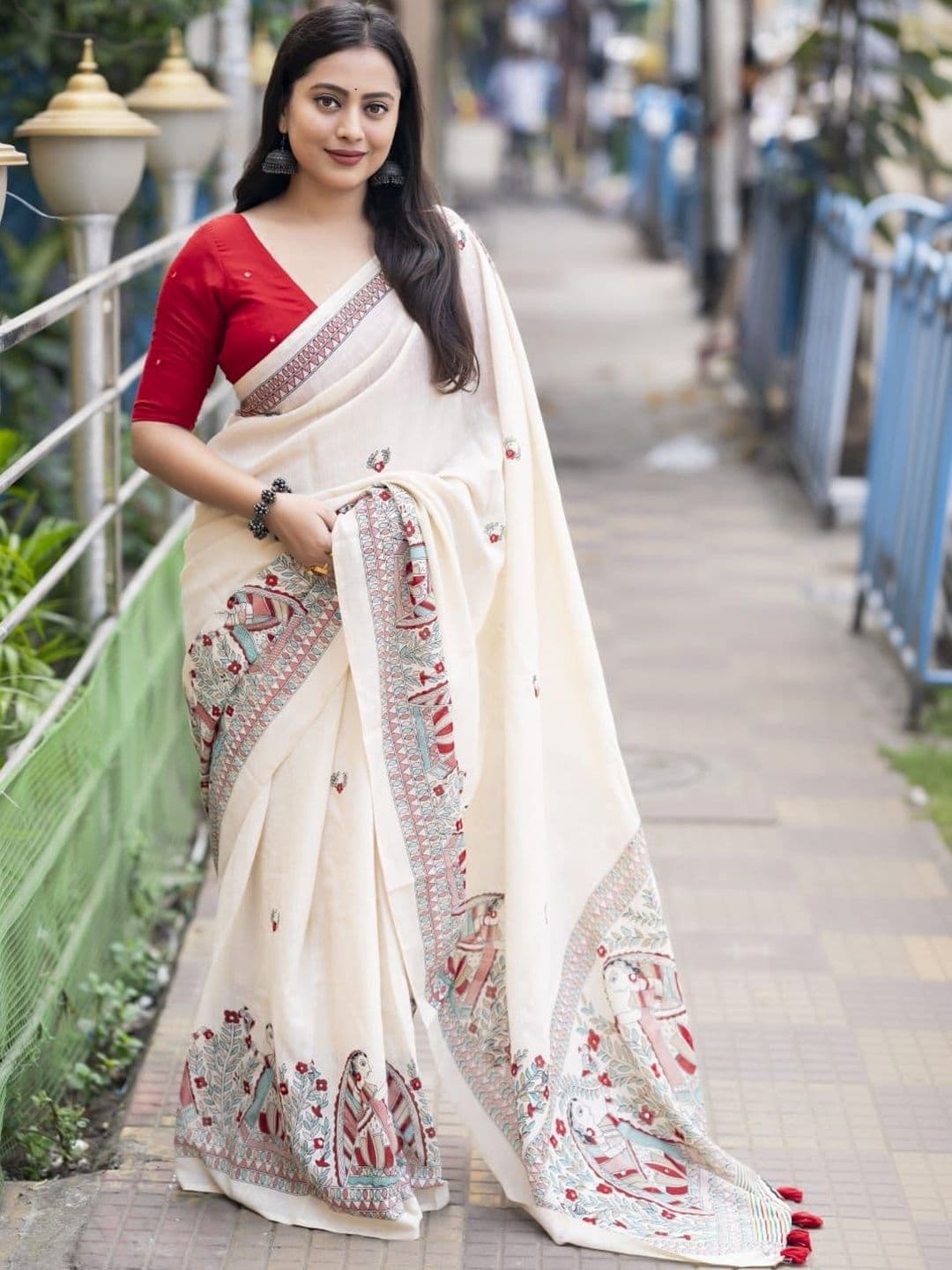 STAVA CREATION Ethnic Motifs Mirror Work Pure Linen Saree - view 1