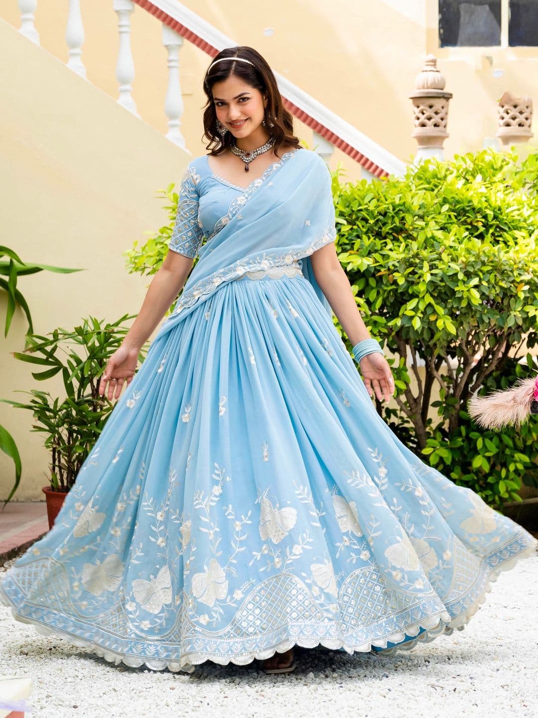 House of Pataudi Embroidered V-Neck Semi-Stiched Lehenga Choli - view 1