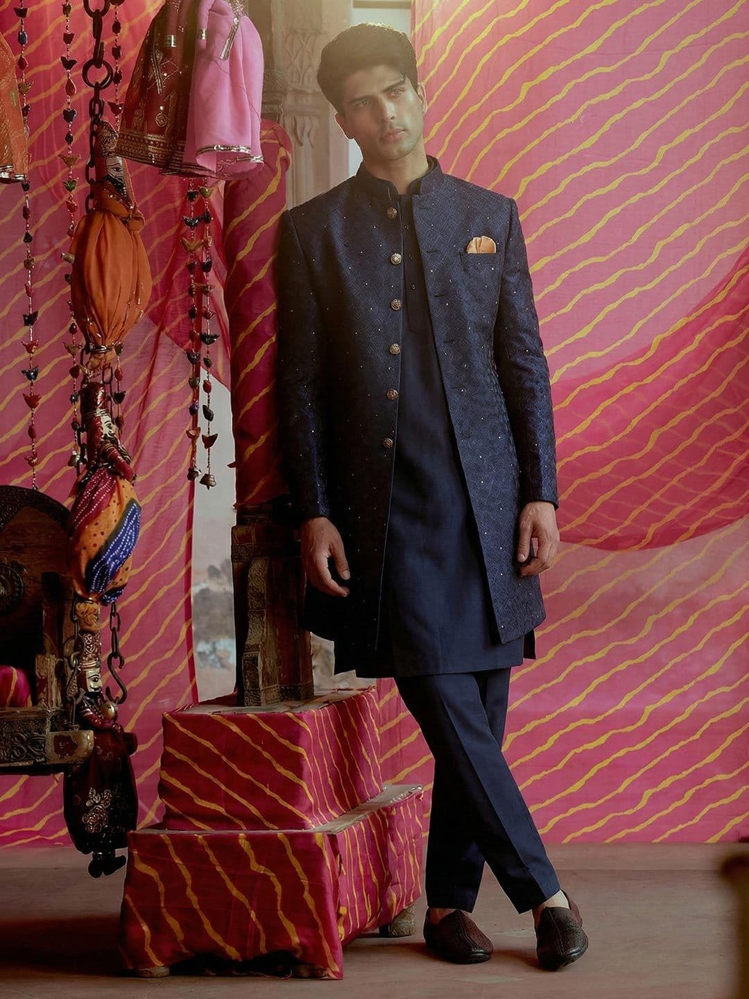 KISAH Men Self-Design Khari Print Kurta With Indowestern Sherwani & Trouser