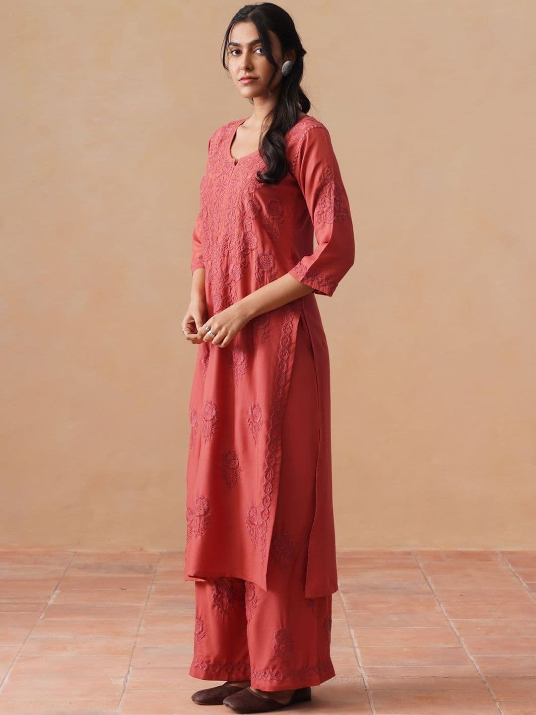 all about you Women Ethnic Motifs Embroidered Regular Chikankari Kurta with Trousers - view 1