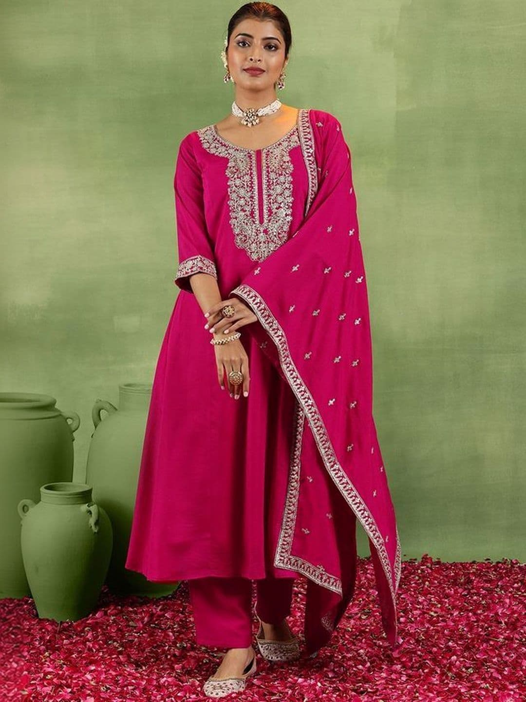MYRIE Women Ethnic Motifs Embroidered Thread Work Chanderi Cotton Kurta with Trousers & With Dupatta - view 1