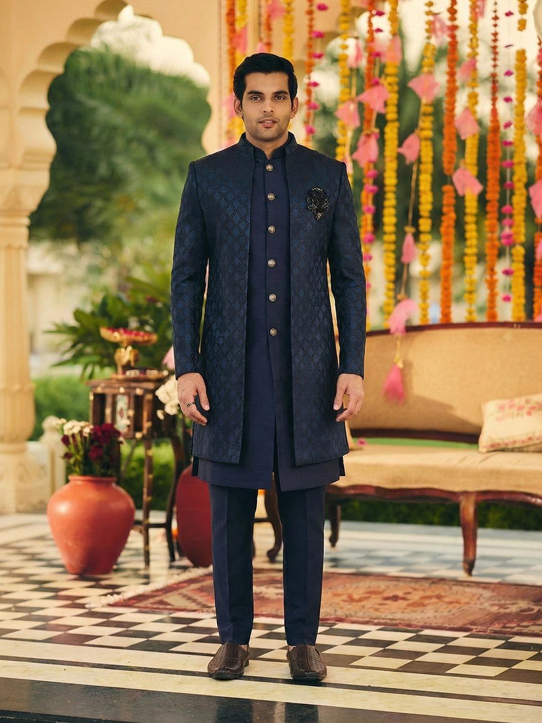 KISAH Men Jacquard Regular Fit Ethnic Motifs Jacket Sherwani Trouser Set