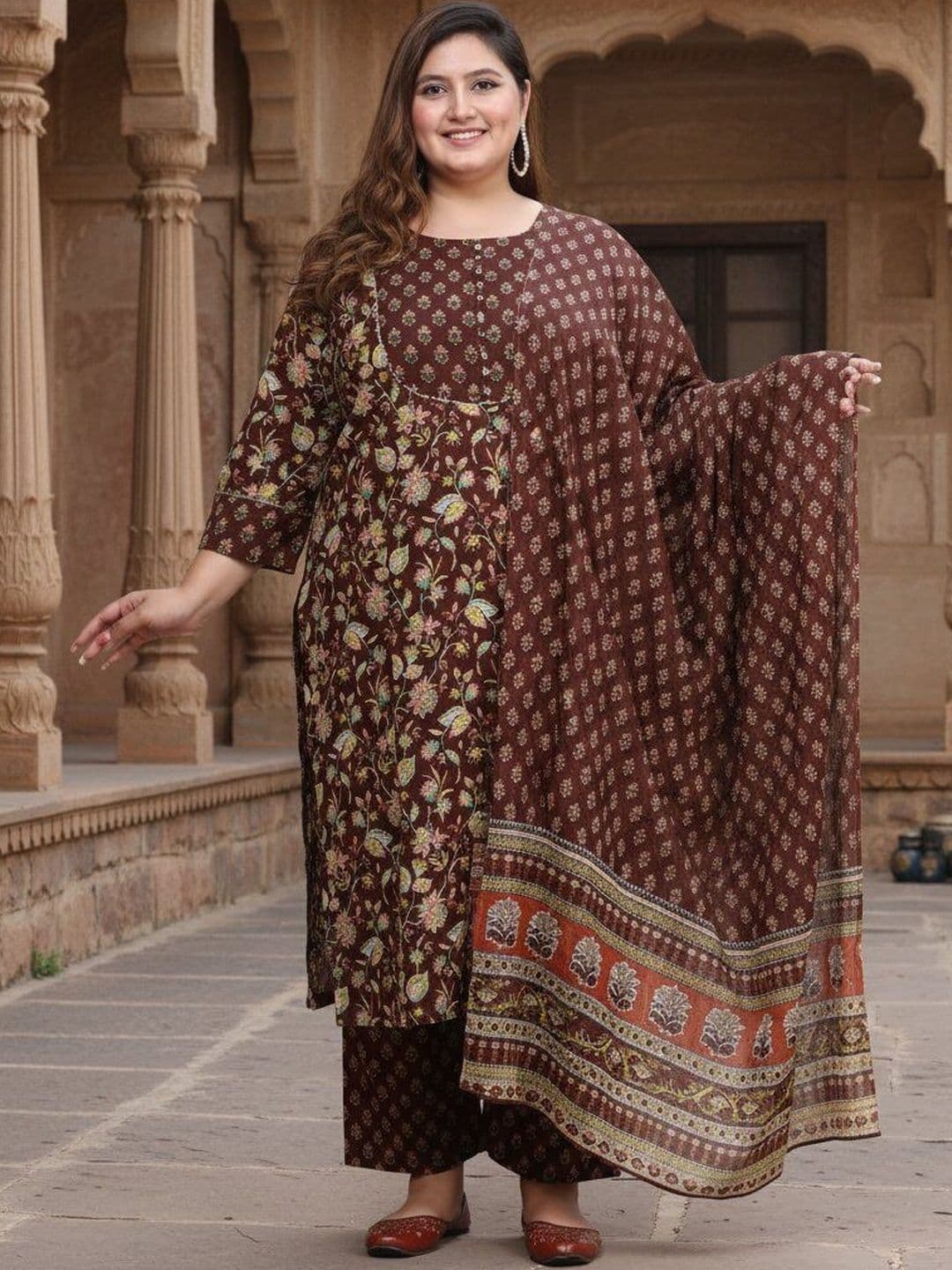 Sztori Women Floral Printed Regular Sequinned Pure Cotton Kurta with Trousers & With Dupatta - view 1