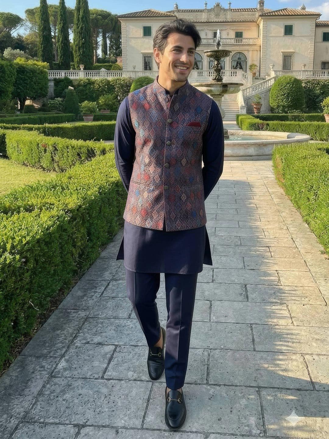 KISAH Men Woven Jacquard Zari Regular Fit Nehru Jacket - view 1