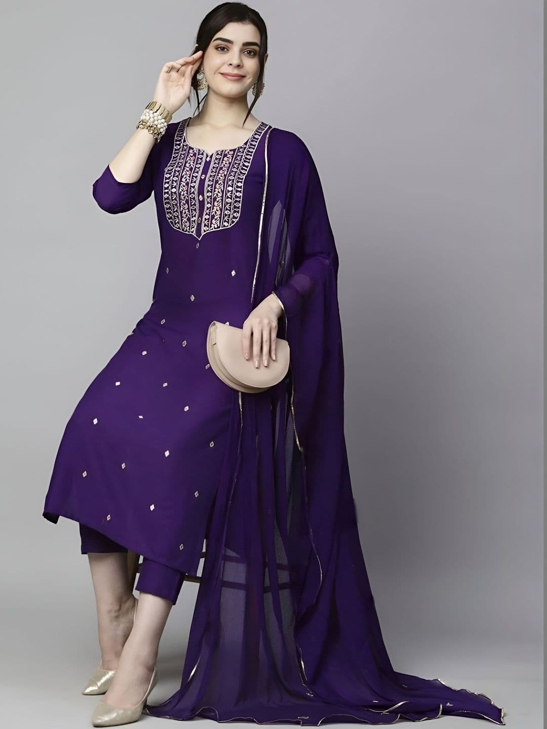 RASAM Women Ethnic Motifs Embroidered Regular Thread Work Kurta with Trousers & With Dupatta - view 1