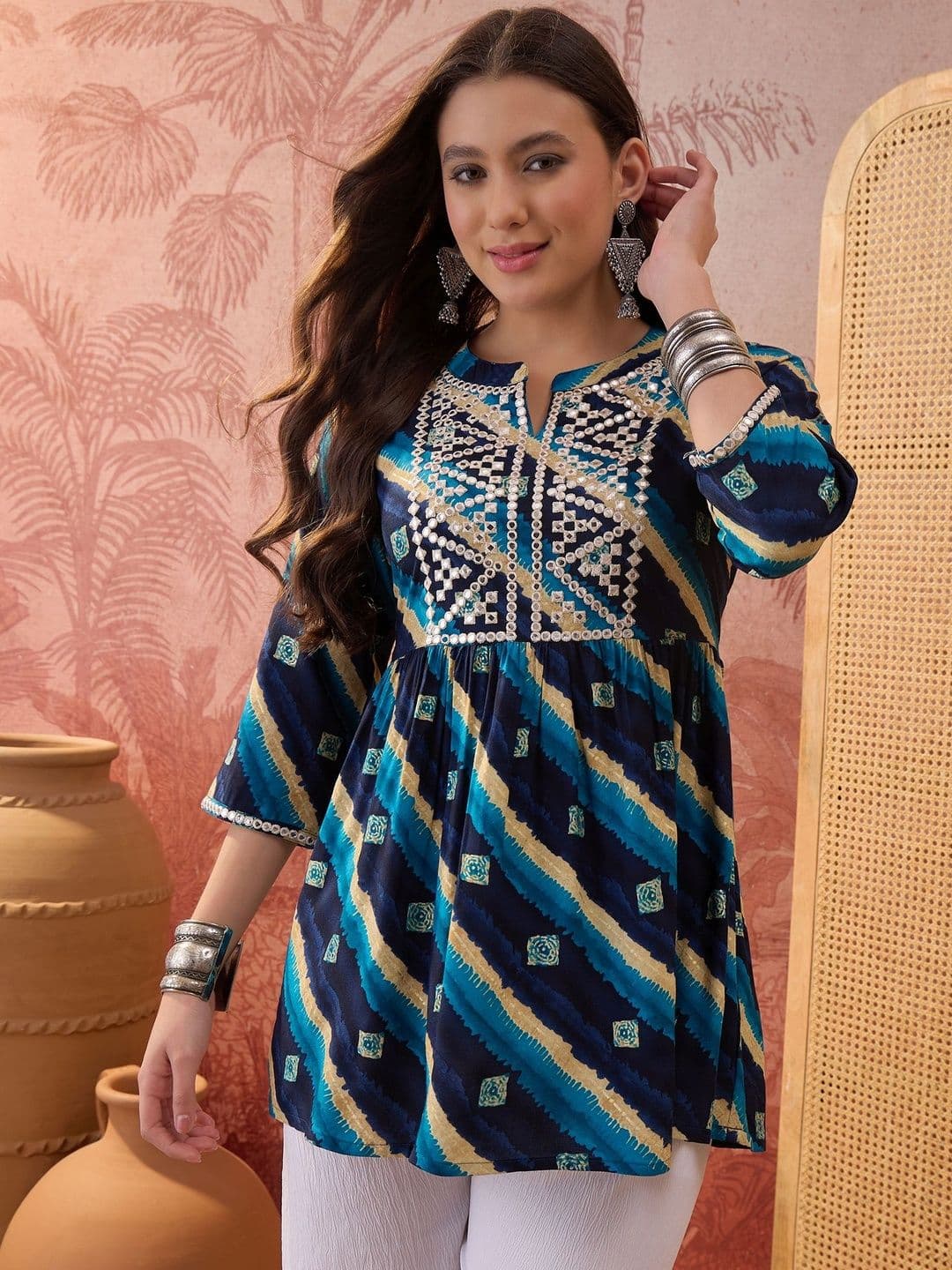 Sangria Leheriya Printed & Embroidered Waistline Kurti - view 1